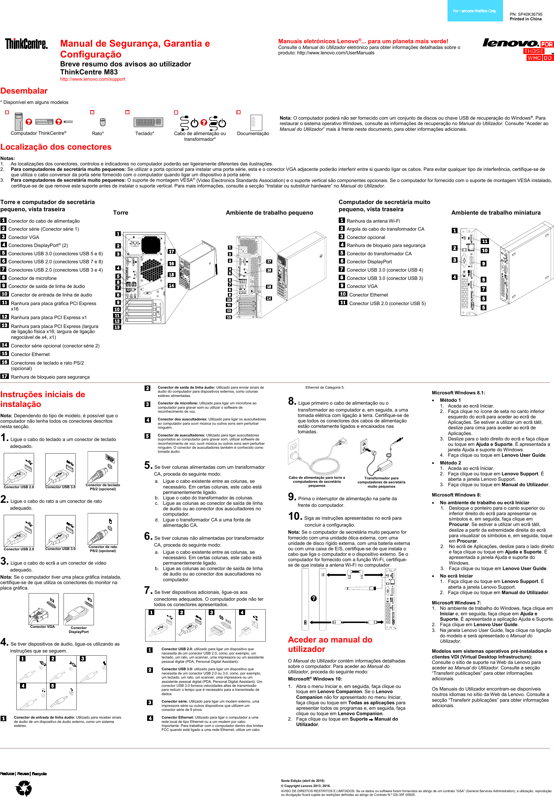 Lenovo M83 Swsg Pt User Manual (Portuguese) Safety, Warranty And Setup