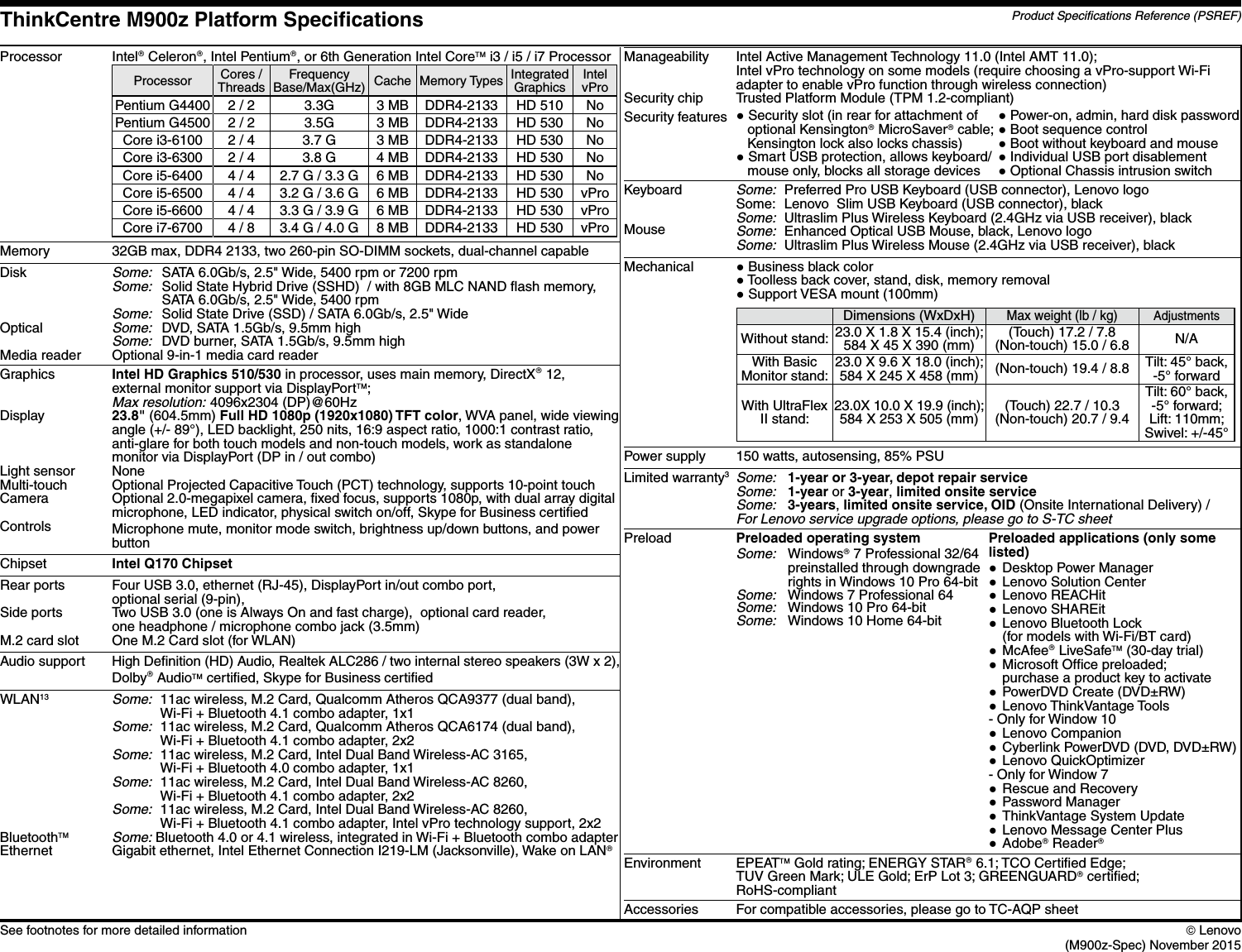 Page 1 of 1 - Lenovo M900Z Platform Spec User Manual All-in-One (Think Centre) - Type 10F4