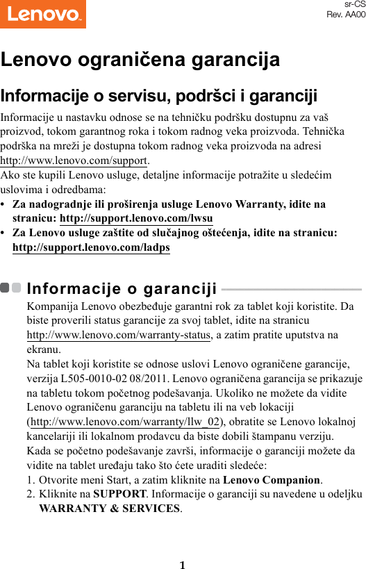 Page 1 of 12 - Lenovo Miix520-12Ikb 20M3 20M4 Llw Sr 201711 User Manual (Serbian) Limited Warranty & Product Specific Notices - Miix 520-12IKB (Type 20M3, 20M4) Tablet