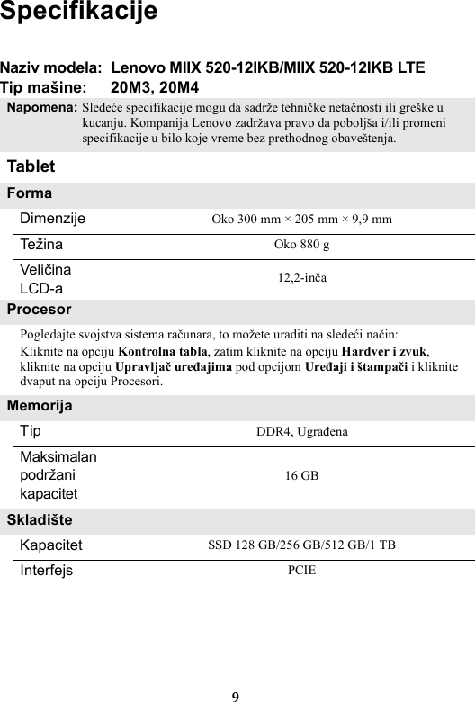 Page 9 of 12 - Lenovo Miix520-12Ikb 20M3 20M4 Llw Sr 201711 User Manual (Serbian) Limited Warranty & Product Specific Notices - Miix 520-12IKB (Type 20M3, 20M4) Tablet