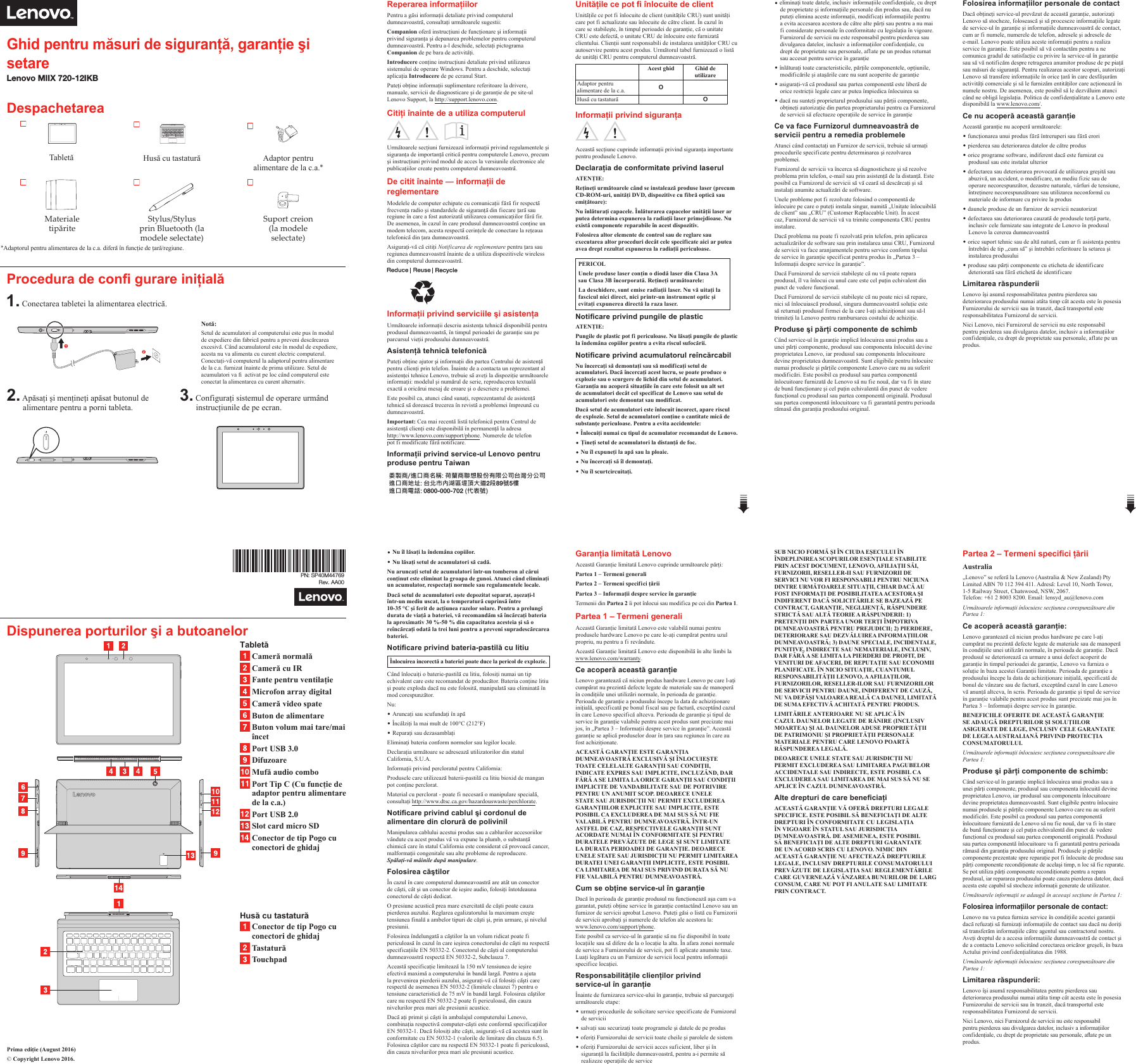 Page 1 of 2 - Lenovo Miix720-12Ikb Swsg Ro 201611 User Manual (Romanian) Safety, Warranty, And Setup Guide - Miix 720-12IKB Tablet (ideapad) Type 80VV