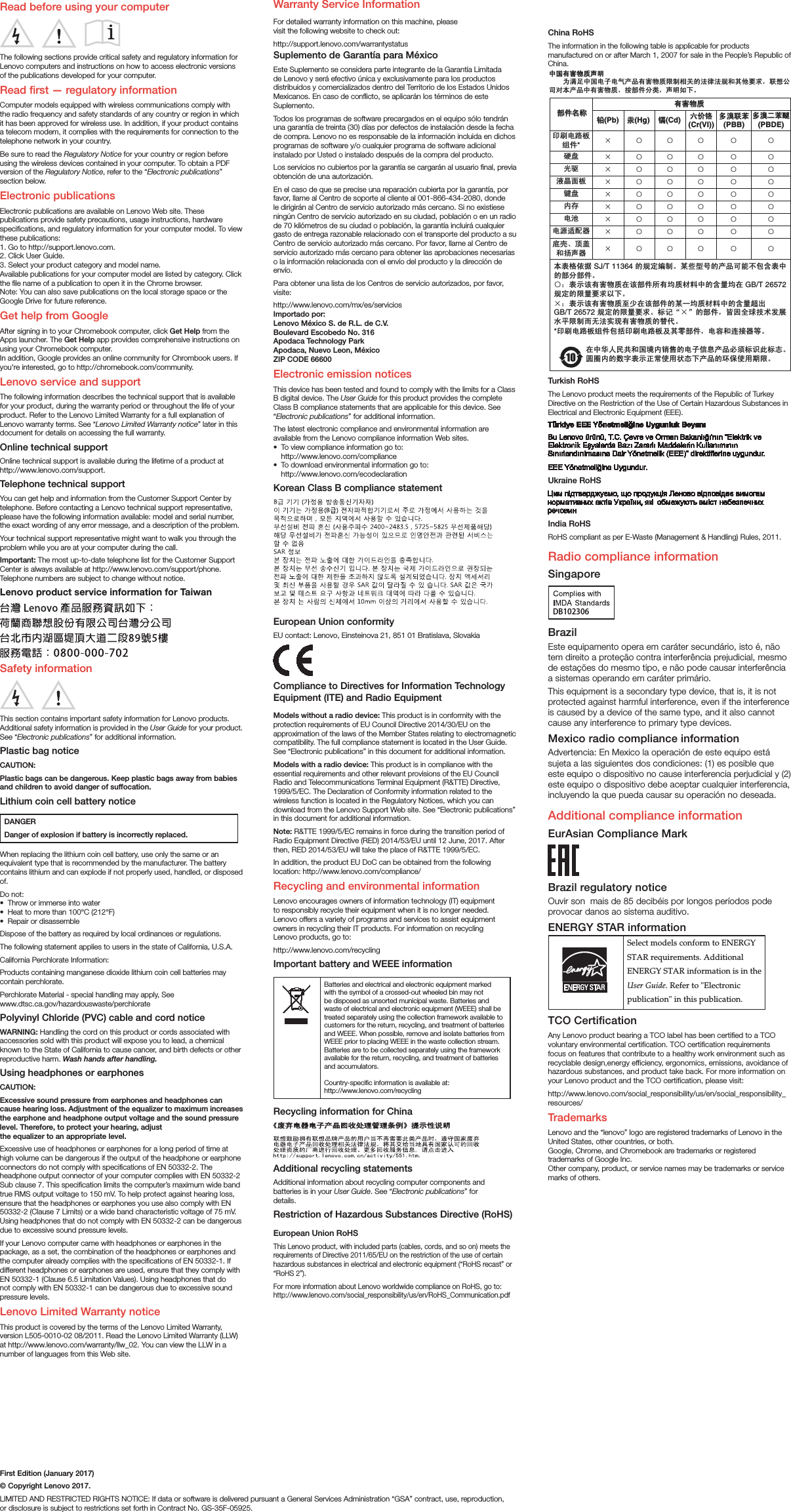 Page 2 of 2 - Lenovo N23 Yoga Flex 11 Swsg En V1.0 201703 User Manual (English) Safety, Warranty & Quick Start Guide - Chromebook (Lenovo) Type ZA27