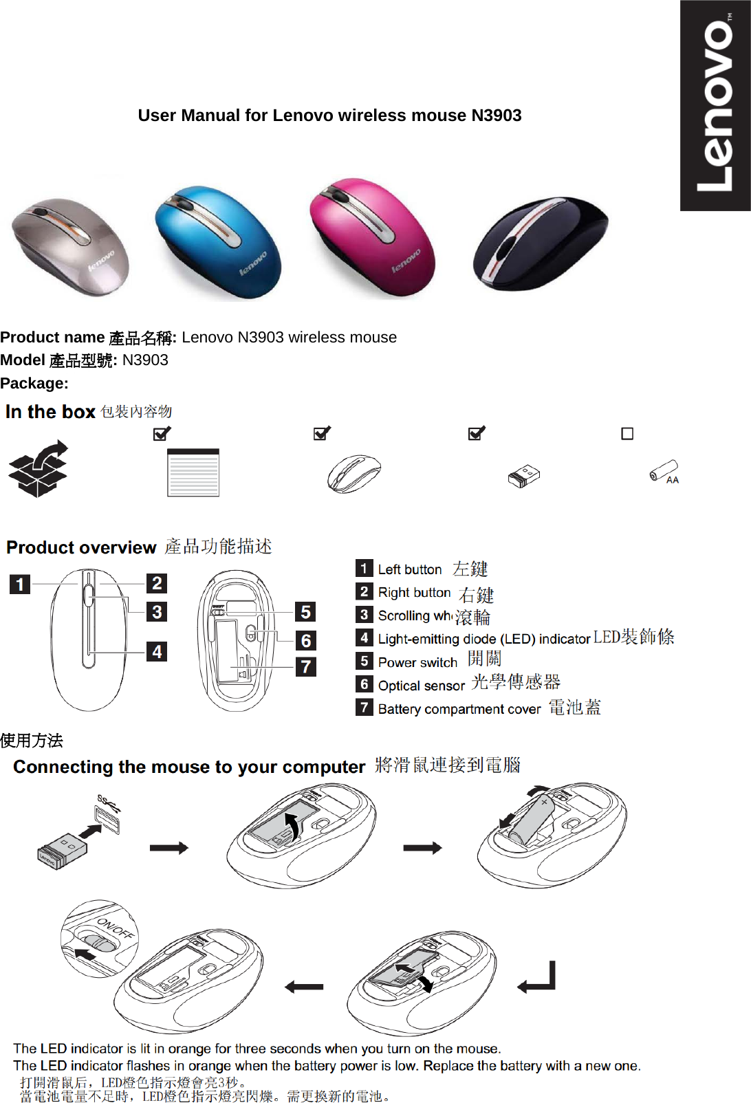 User Manual for Lenovo wireless mouse N3903      Product name產品名稱: Lenovo N3903 wireless mouse Model產品型號: N3903 Package:    使用方法   