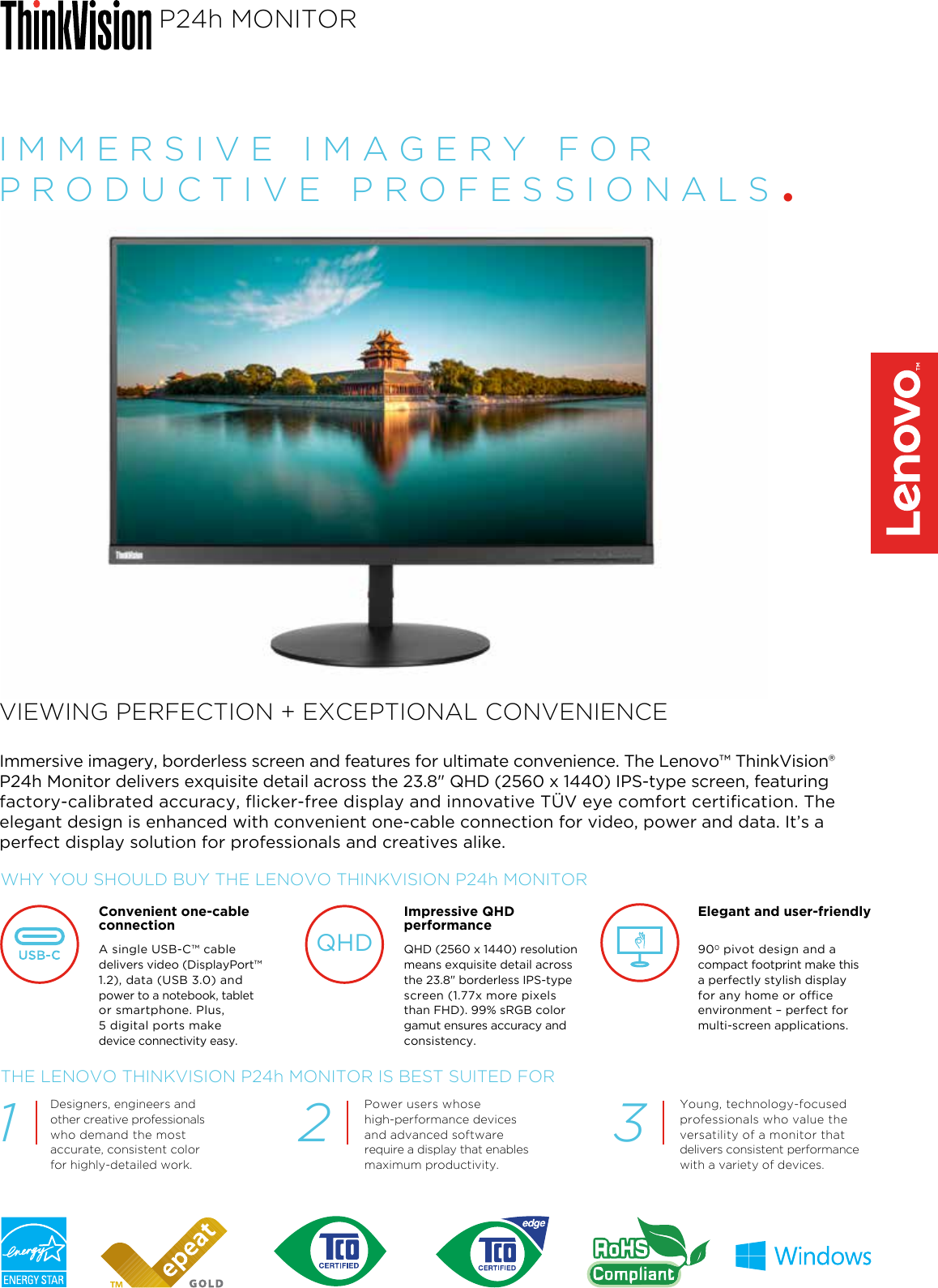 Page 1 of 2 - Lenovo P24H10 Overview ThinkVision P24h Monitor User Manual Think Vision P24h-10