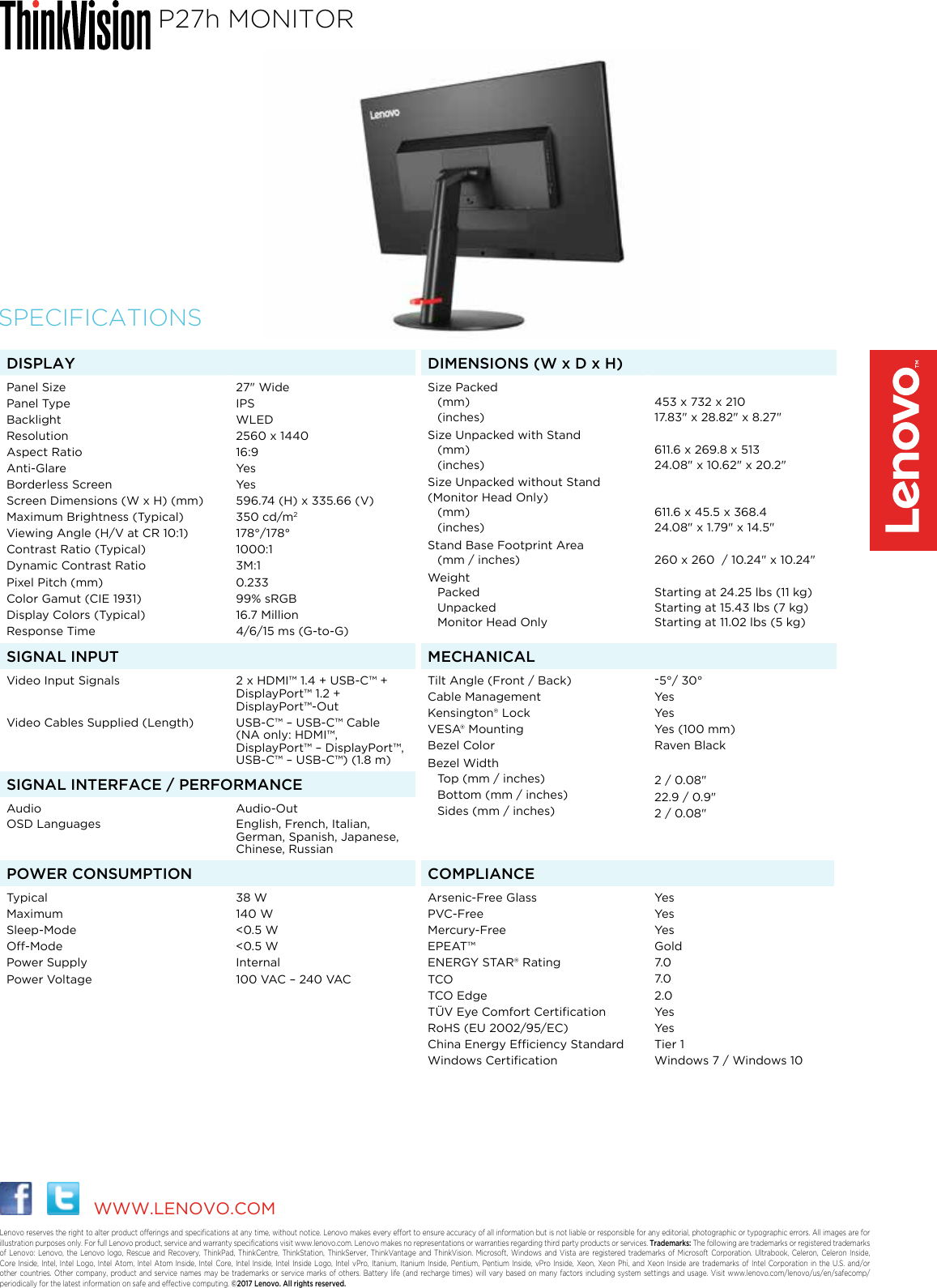 Page 2 of 2 - Lenovo P27H10 Overview ThinkVision P27h Monitor_DS User Manual Think Vision P27h-10 - Type 61AF