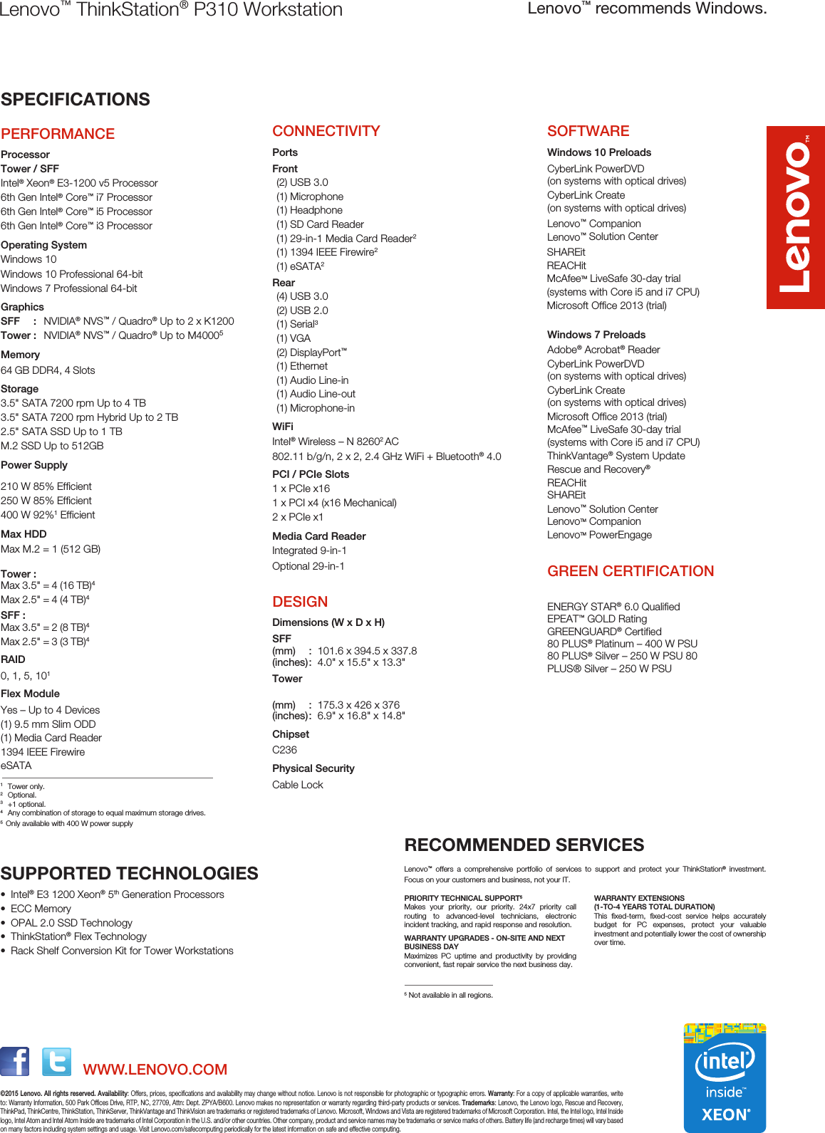 Page 2 of 2 - Lenovo P310 Datasheet 20151215 User Manual Workstation (Think Station)