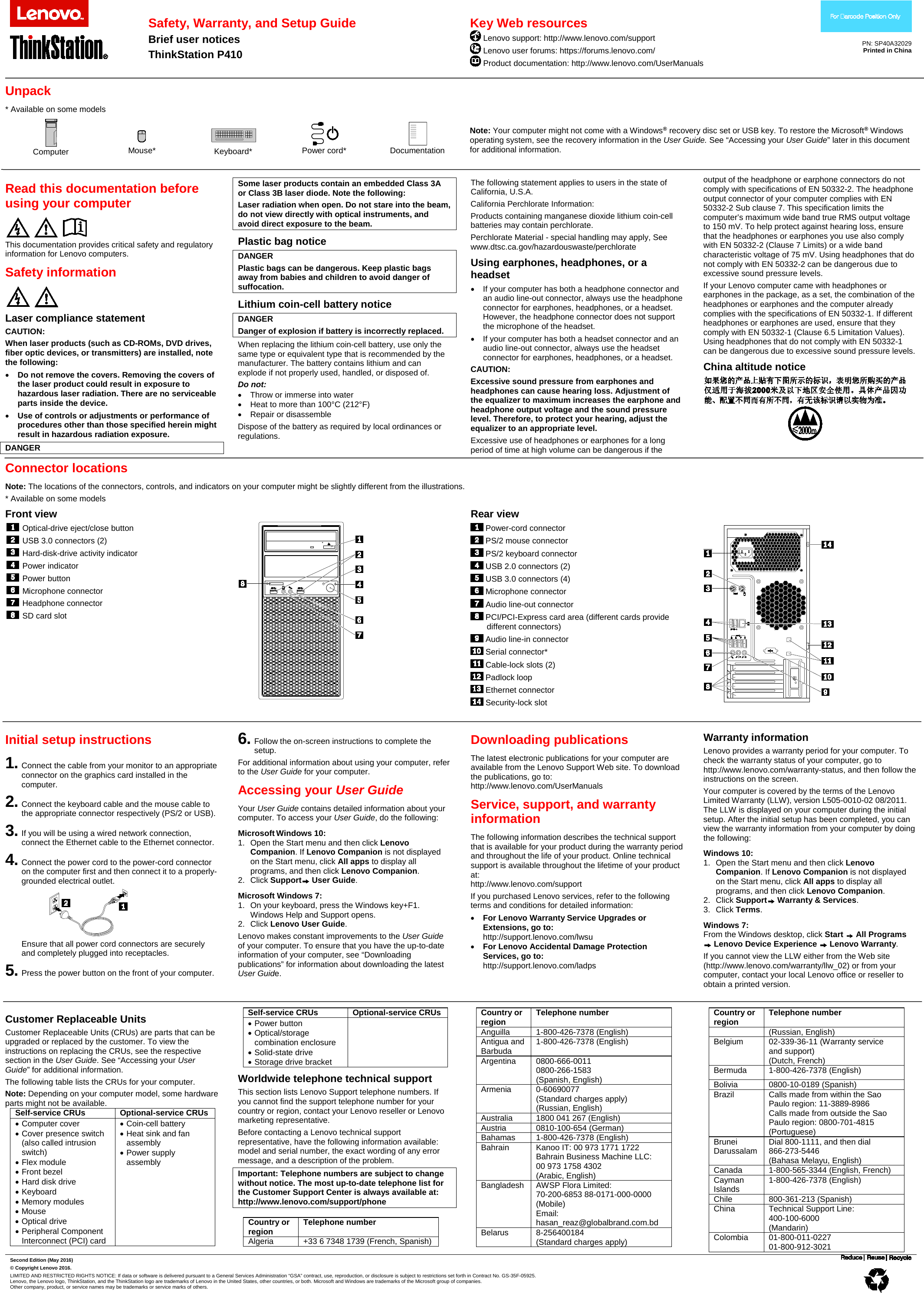 Page 1 of 2 - Lenovo P410 Swsg En Safety, Warranty, And Setup Guide User Manual (English) Warranty - Think Station Workstation (Think Station) Type 30B2