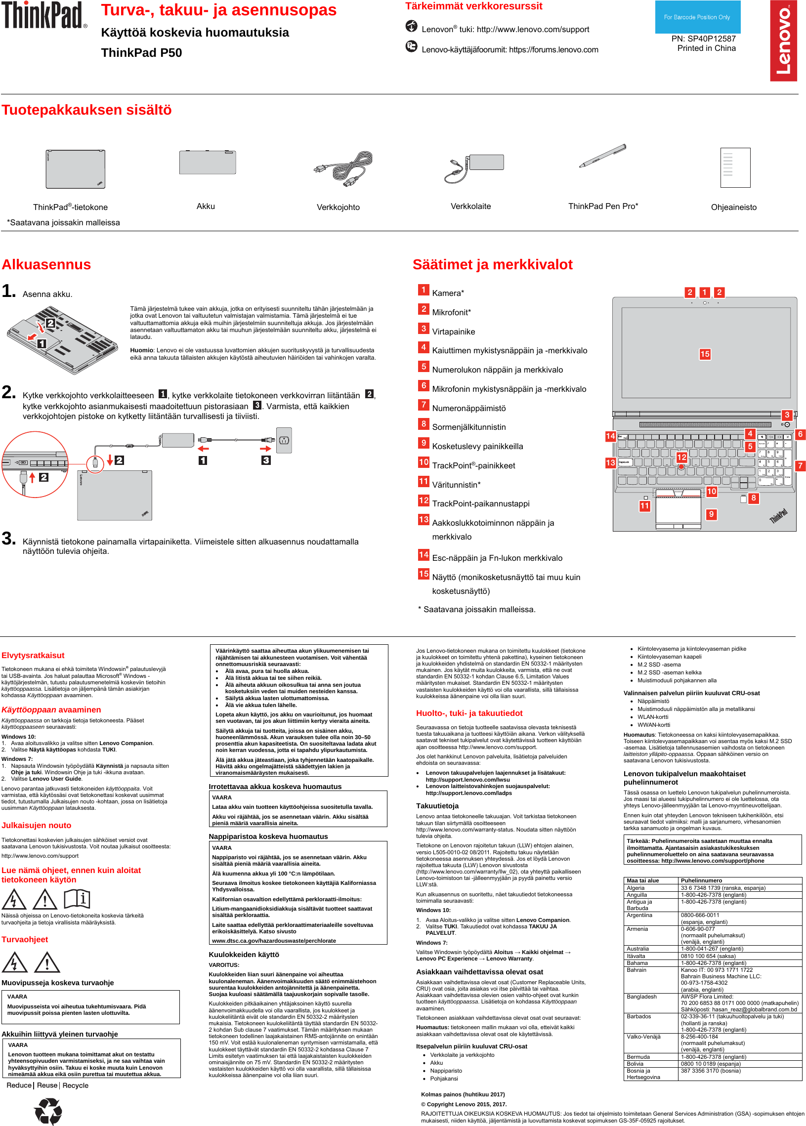 Page 1 of 2 - Lenovo P50 Swsg Fi Sp40P12587 - P50_swsg_fi_sp40p12587x User Manual (Finnish) Safety, Warranty And Setup Guide Think Pad Laptop (Think Pad) Type 20EN