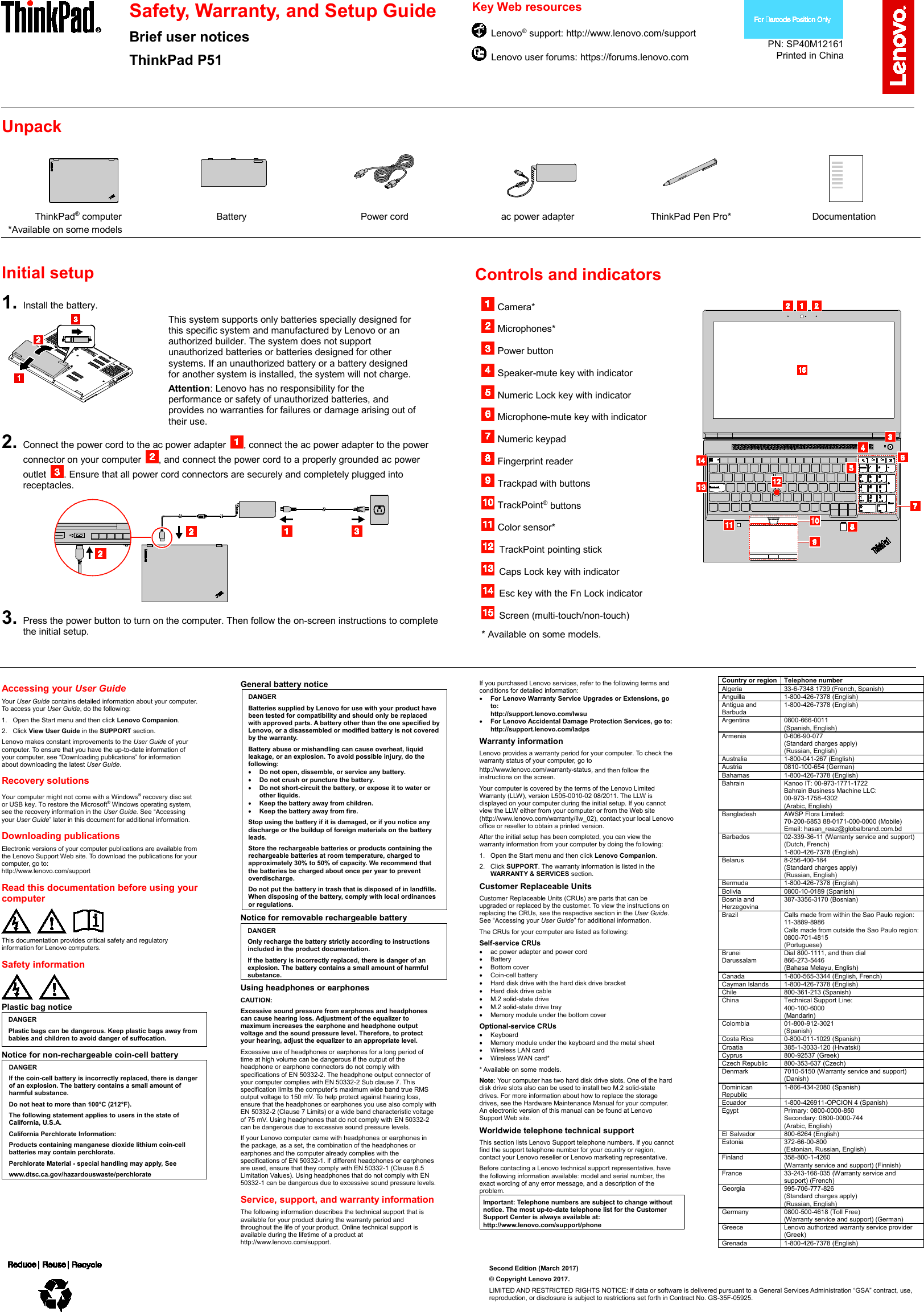 Page 1 of 2 - Lenovo P51 Swsg En Sp40M12161 User Manual (English) Safety, Warranty And Setup Guide - Think Pad (20HH, 20HJ) (Type 20HH, Laptop (Thinkpad) Type 20HJ