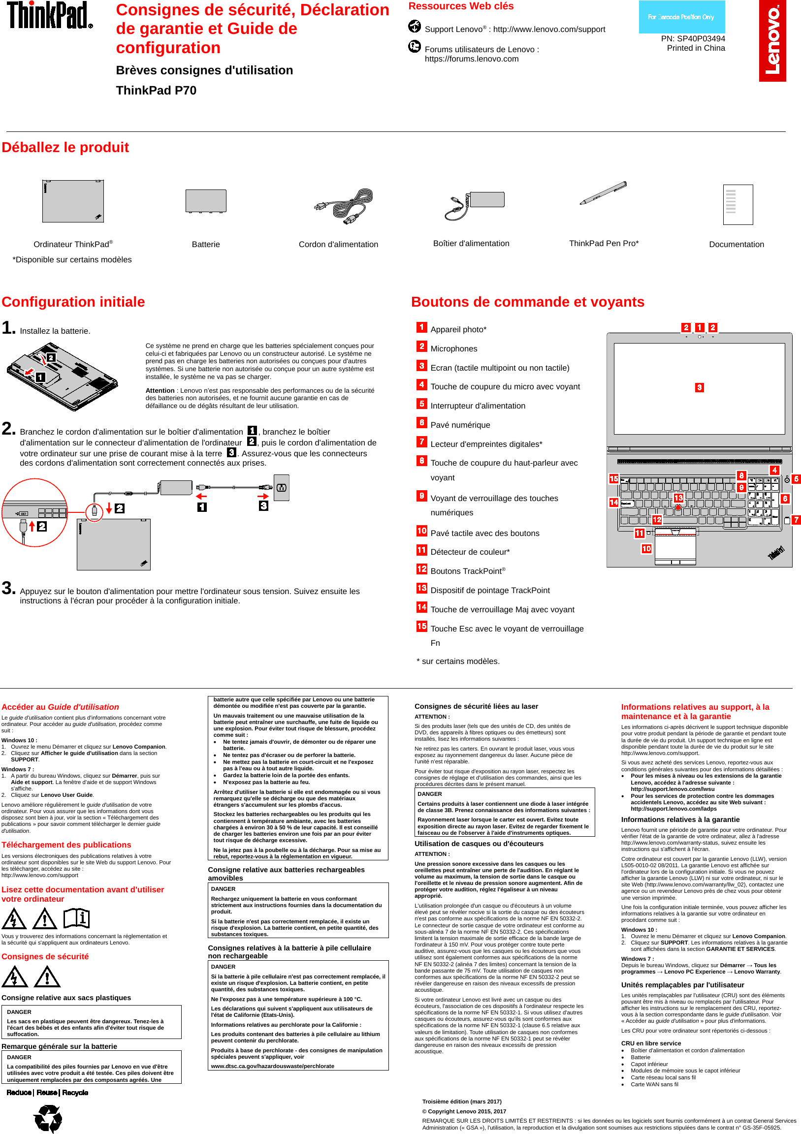 Page 1 of 2 - Lenovo P70 Swsg Fr Sp40P03494 2016 Refresh User Manual (French