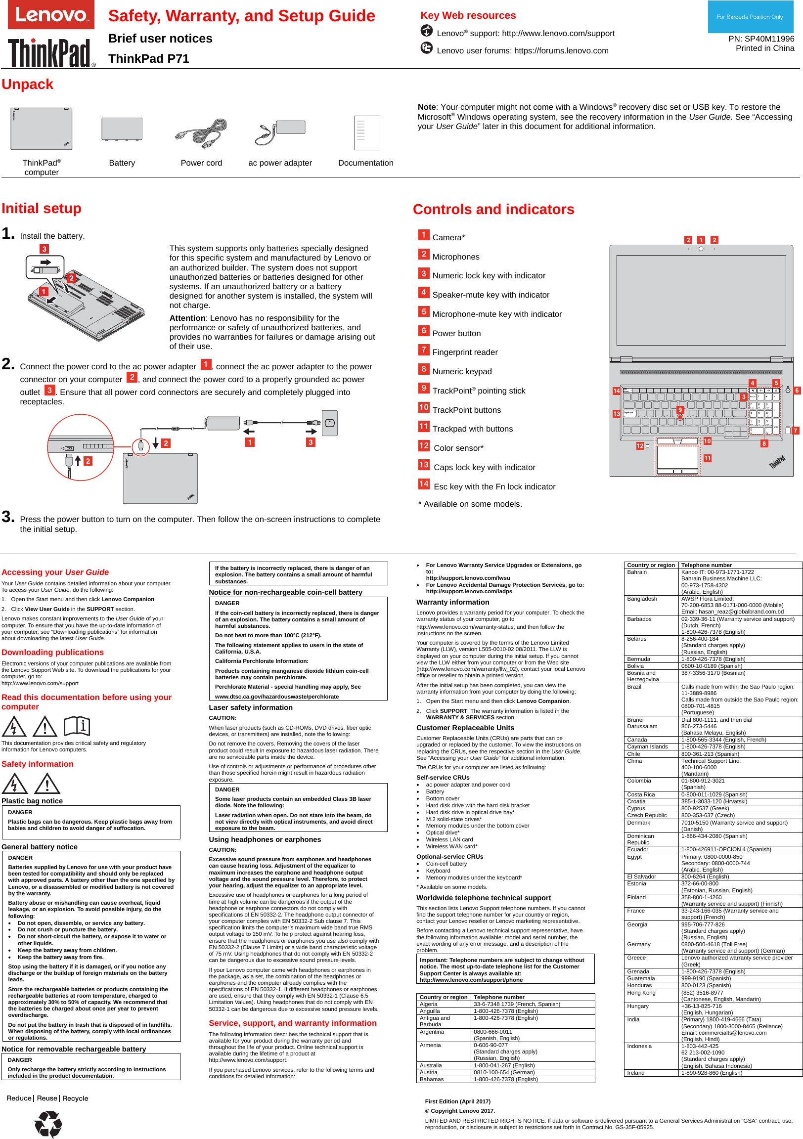 Page 1 of 2 - Lenovo P71 Swsg En Sp40M11996 ThinkPad Safety, Warranty, And Setup Guide User Manual (English) Warranty - Think Pad (type 20HK, 20HL) Laptop (Thinkpad) Type 20HL