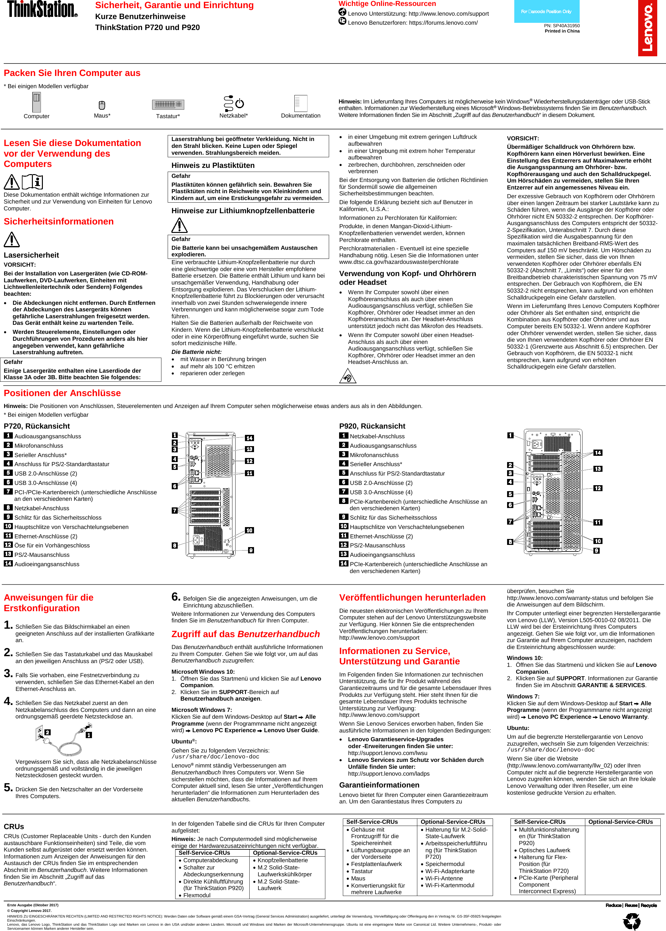 Lenovo P720P920 Swsg De Safety, Warranty, And Setup Guide User Manual