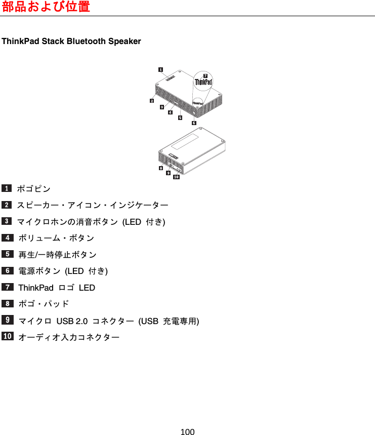 100部品および位置 ThinkPad Stack Bluetooth Speaker   ポゴピン  スピーカー・アイコン・インジケーター  マイクロホンの消音ボタン (LED 付き)  ボリューム・ボタン  再生/一時停止ボタン  電源ボタン (LED 付き)  ThinkPad ロゴ LED  ポゴ・パッド  マイクロ USB 2.0 コネクター (USB 充電専用)  オーディオ入力コネクター 