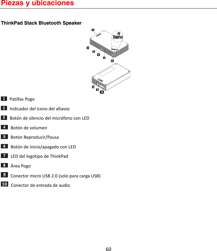 60Piezas y ubicaciones ThinkPad Stack Bluetooth Speaker  PatillasPogoIndicadordeliconodelaltavozBotóndesilenciodelmicrófonoconLEDBotóndevolumenBotónReproducir/PausaBotóndeinicio/apagadoconLEDLEDdellogotipodeThinkPadÁreaPogoConectormicroUSB2.0(soloparacargaUSB)Conectordeentradadeaudio