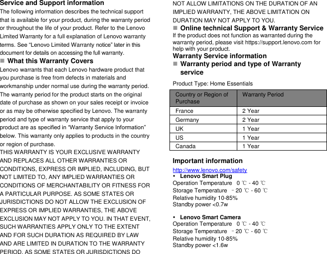 Service and Support information The following information describes the technical support that is available for your product, during the warranty period or throughout the life of your product. Refer to the Lenovo Limited Warranty for a full explanation of Lenovo warranty terms. See “Lenovo Limited Warranty notice” later in this document for details on accessing the full warranty.  What this Warranty Covers Lenovo warrants that each Lenovo hardware product that you purchase is free from defects in materials and workmanship under normal use during the warranty period. The warranty period for the product starts on the original date of purchase as shown on your sales receipt or invoice or as may be otherwise specified by Lenovo. The warranty period and type of warranty service that apply to your product are as specified in “Warranty Service Information” below. This warranty only applies to products in the country or region of purchase. THIS WARRANTY IS YOUR EXCLUSIVE WARRANTY AND REPLACES ALL OTHER WARRANTIES OR CONDITIONS, EXPRESS OR IMPLIED, INCLUDING, BUT NOT LIMITED TO, ANY IMPLIED WARRANTIES OR CONDITIONS OF MERCHANTABILITY OR FITNESS FOR A PARTICULAR PURPOSE. AS SOME STATES OR JURISDICTIONS DO NOT ALLOW THE EXCLUSION OF EXPRESS OR IMPLIED WARRANTIES, THE ABOVE EXCLUSION MAY NOT APPLY TO YOU. IN THAT EVENT, SUCH WARRANTIES APPLY ONLY TO THE EXTENT AND FOR SUCH DURATION AS REQUIRED BY LAW AND ARE LIMITED IN DURATION TO THE WARRANTY PERIOD. AS SOME STATES OR JURISDICTIONS DO NOT ALLOW LIMITATIONS ON THE DURATION OF AN IMPLIED WARRANTY, THE ABOVE LIMITATION ON DURATION MAY NOT APPLY TO YOU.  Online technical Support &amp; Warranty Service   If the product does not function as warranted during the warranty period, please visit https://support.lenovo.com for help with your product. Warranty Service information  Warranty period and type of Warranty service Product Type: Home Essentials Country or Region of Purchase Warranty Period  France 2 Year Germany 2 Year UK 1 Year US 1 Year Canada 1 Year  Important information   http://www.lenovo.com/safety  Lenovo Smart Plug Operation Temperature   0 ℃ - 40 ℃   Storage Temperature  –20 ℃ - 60 ℃   Relative humidity 10-85%   Standby power &lt;0.7w     Lenovo Smart Camera Operation Temperature   0 ℃ - 40 ℃   Storage Temperature  –20 ℃ - 60 ℃   Relative humidity 10-85%   Standby power &lt;1.6w  