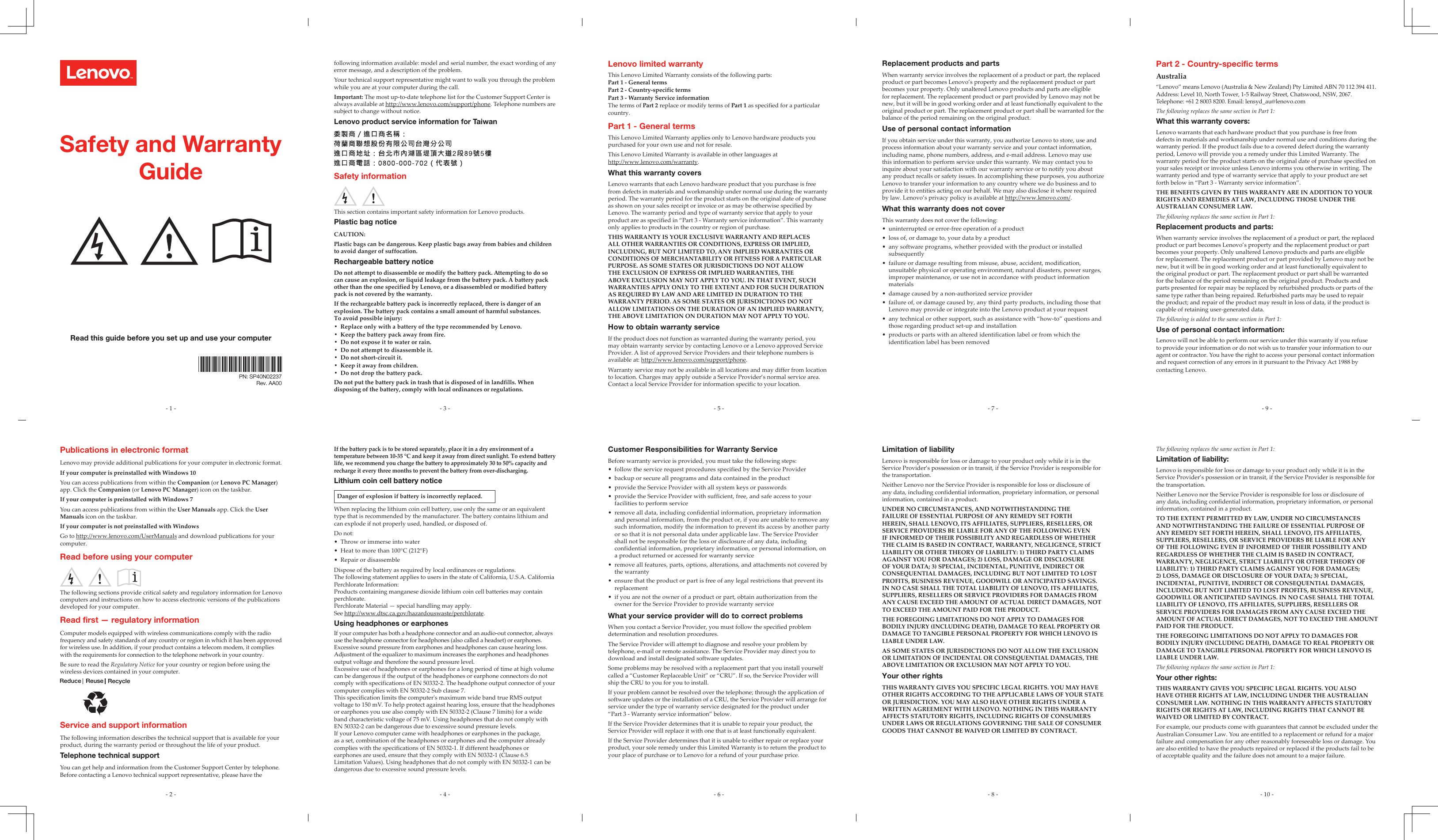 Page 1 of 2 - Lenovo Safety And Warranty Guide En 201612 User Manual (English) - Notebook Miix 10 Tablet (ideapad) Type 80DC