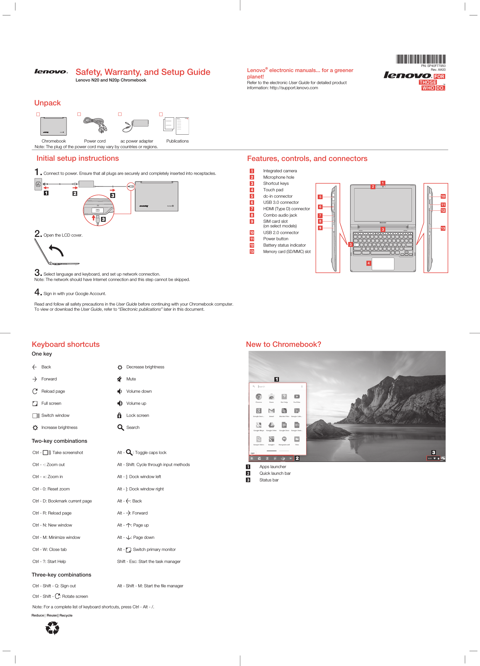 Page 1 of 2 - Lenovo Safety Warranty And Setup Guide N20 N20P English User Manual Safety, Warranty, - Chromebook (Lenovo) Type 20419