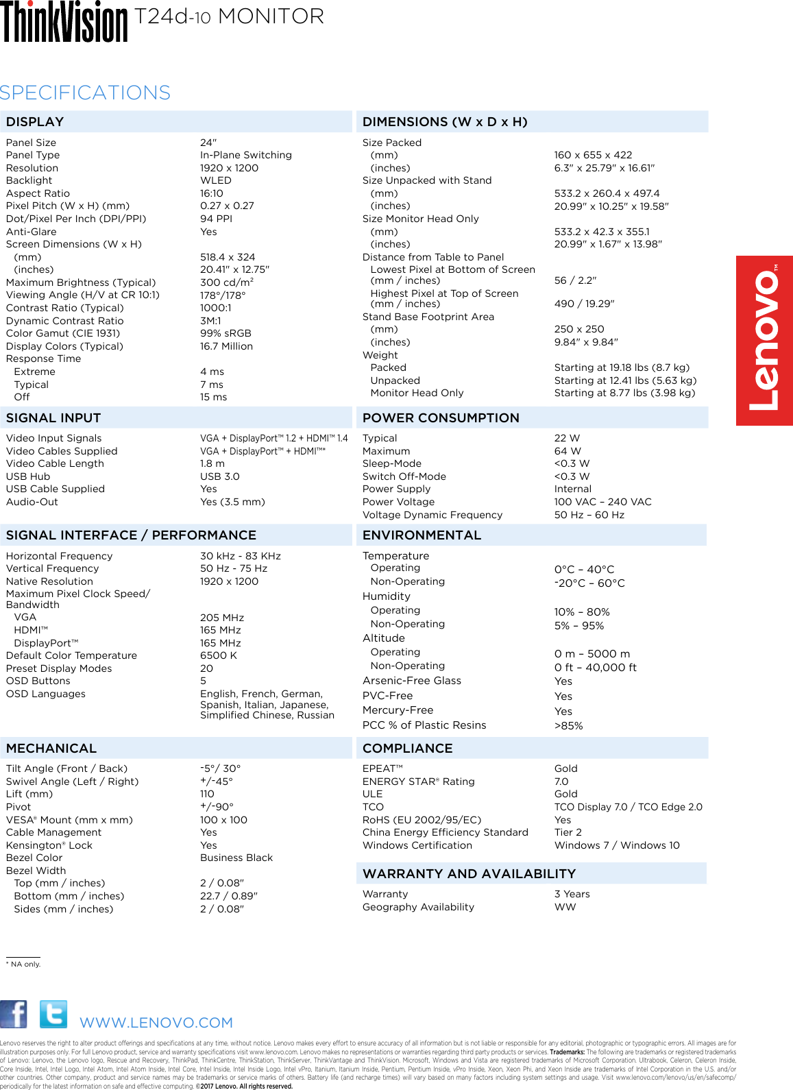 Page 2 of 2 - Lenovo T24D10 Overview ThinkVision T24d-10 Monitor User Manual Think Vision 24 Inch WUXGA IPS - Type 61B4
