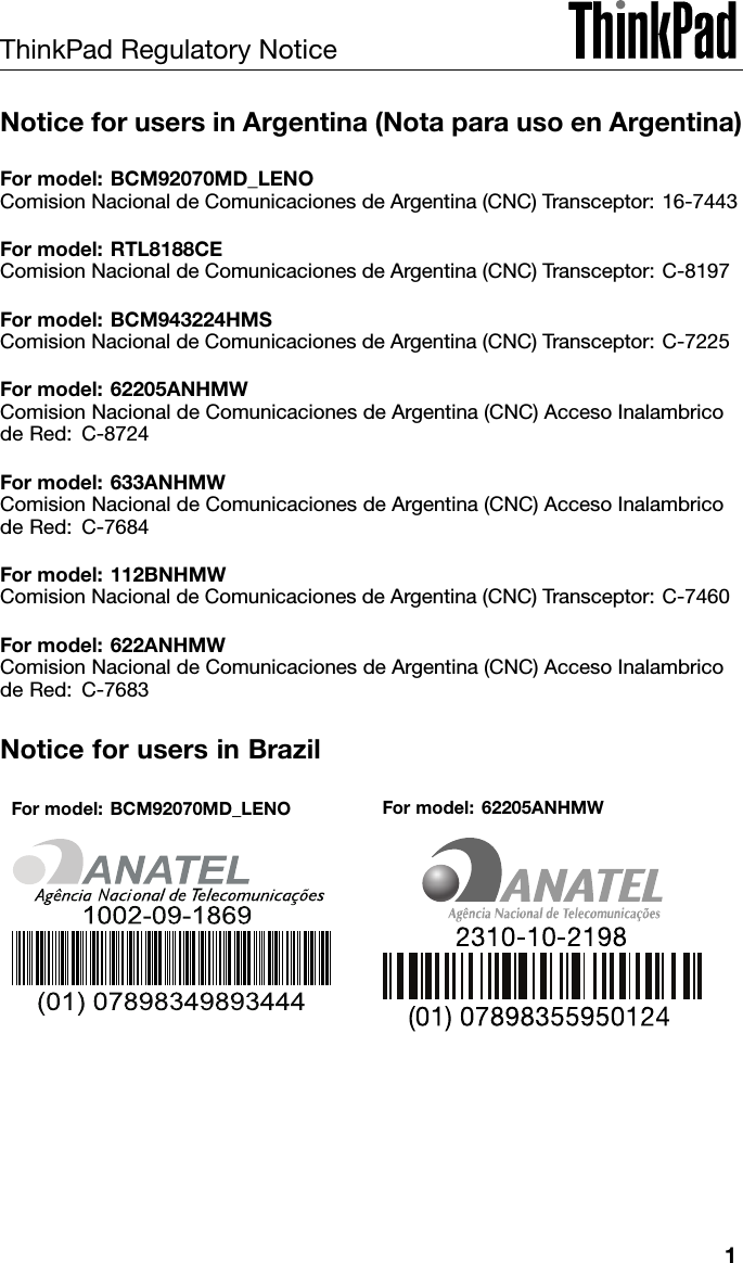 Page 1 of 8 - Lenovo T420 Rn Apla 0B48825 User Manual Regulatory Notice (APLA) -Think Pad Laptop (Think Pad) - Type 4179
