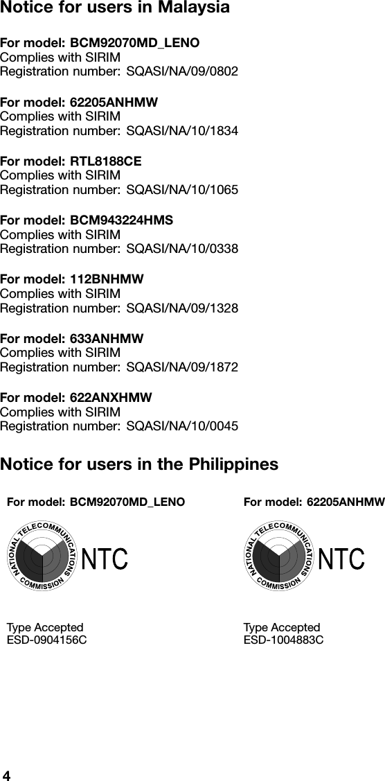 Page 4 of 8 - Lenovo T420 Rn Apla 0B48825 User Manual Regulatory Notice (APLA) -Think Pad Laptop (Think Pad) - Type 4179