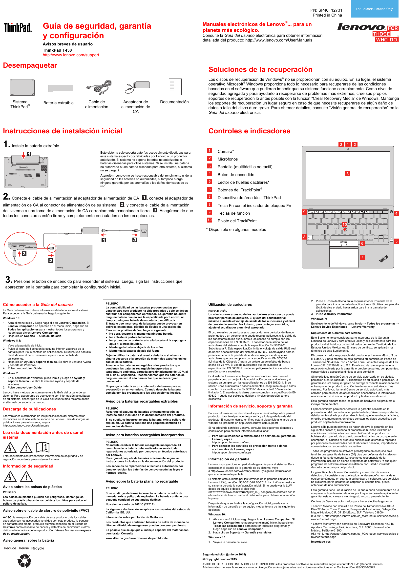 Page 1 of 2 - Lenovo T450 Swsg Es Sp40F12731 (Cobain2) User Manual (Spanish) Safety, Warranty, And Setup Guide - Think Pad Laptop (Think Pad) Type 20BU