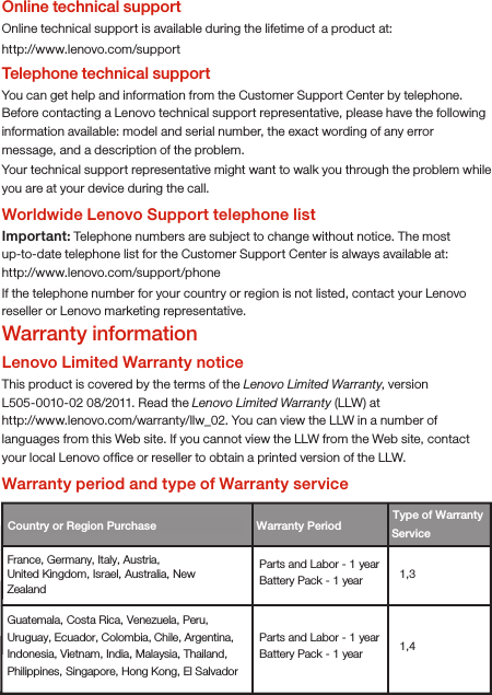 Online technical supportOnline technical support is available during the lifetime of a product at:http://www.lenovo.com/supportTelephone technical supportYou can get help and information from the Customer Support Center by telephone. Before contacting a Lenovo technical support representative, please have the following information available: model and serial number, the exact wording of any error message, and a description of the problem.Your technical support representative might want to walk you through the problem while you are at your device during the call.Worldwide Lenovo Support telephone listImportant: Telephone numbers are subject to change without notice. The most up-to-date telephone list for the Customer Support Center is always available at: http://www.lenovo.com/support/phoneIf the telephone number for your country or region is not listed, contact your Lenovo reseller or Lenovo marketing representative.Warranty informationLenovo Limited Warranty noticeThis product is covered by the terms of the Lenovo Limited Warranty, version L505-0010-02 08/2011. Read the Lenovo Limited Warranty (LLW) at http://www.lenovo.com/warranty/llw_02. You can view the LLW in a number of languages from this Web site. If you cannot view the LLW from the Web site, contact your local Lenovo ofce or reseller to obtain a printed version of the LLW.Warranty period and type of Warranty serviceCountry or Region Purchase  Warranty Period France, Germany, Italy, Austria, United Kingdom, Israel, Australia, New Zealand Parts and Labor - 1 yearBattery Pack - 1 year  1,3 Guatemala, Costa Rica, Venezuela, Peru, Uruguay, Ecuador, Colombia, Chile, Argentina, Indonesia, Vietnam, India, Malaysia, Thailand, Philippines, Singapore, Hong Kong, El Salvador Parts and Labor - 1 yearBattery Pack - 1 year  1,4 Type of Warranty Service 