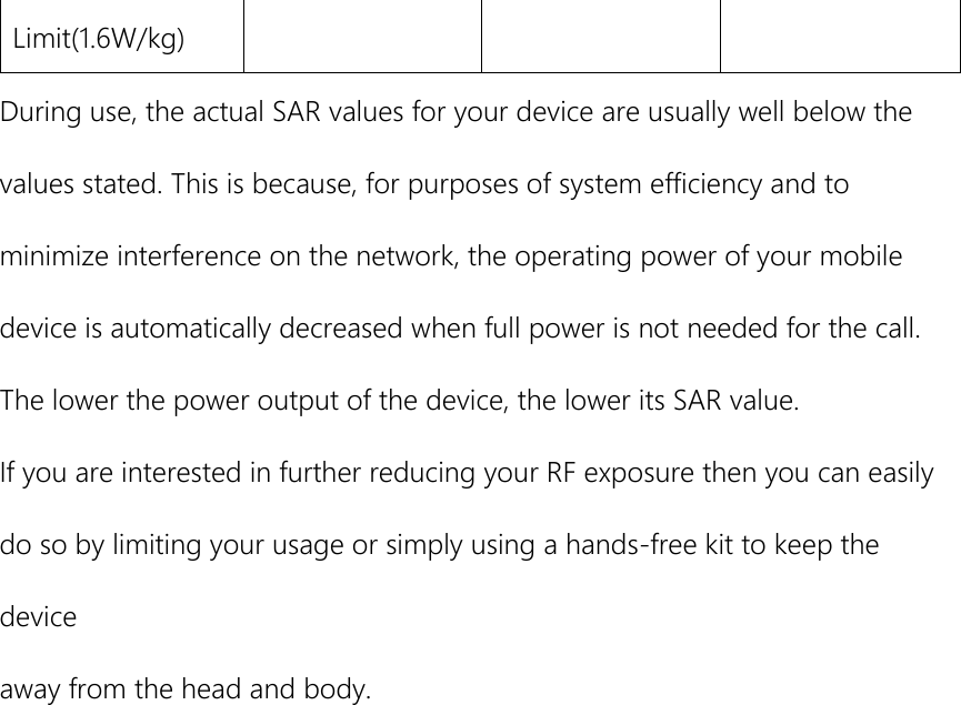 Limit(1.6W/kg) During use, the actual SAR values for your device are usually well below the values stated. This is because, for purposes of system efficiency and to minimize interference on the network, the operating power of your mobile device is automatically decreased when full power is not needed for the call. The lower the power output of the device, the lower its SAR value. If you are interested in further reducing your RF exposure then you can easily do so by limiting your usage or simply using a hands-free kit to keep the device away from the head and body. 