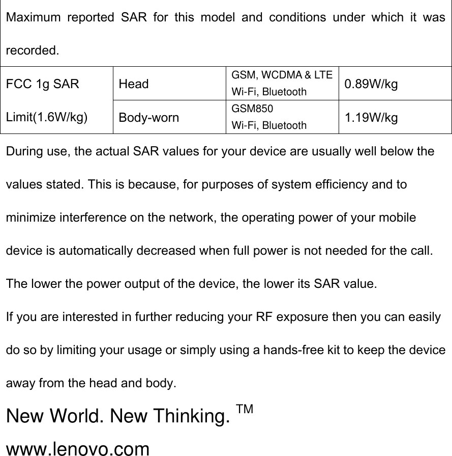 Maximum  reported  SAR  for  this  model  and  conditions  under  which  it  was recorded. FCC 1g SAR Limit(1.6W/kg) Head GSM, WCDMA &amp; LTE Wi-Fi, Bluetooth 0.89W/kg Body-worn GSM850 Wi-Fi, Bluetooth 1.19W/kg During use, the actual SAR values for your device are usually well below the values stated. This is because, for purposes of system efficiency and to minimize interference on the network, the operating power of your mobile device is automatically decreased when full power is not needed for the call. The lower the power output of the device, the lower its SAR value. If you are interested in further reducing your RF exposure then you can easily do so by limiting your usage or simply using a hands-free kit to keep the device away from the head and body. New World. New Thinking. TM www.lenovo.com  