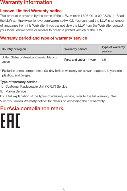 6Warranty informationLenovo Limited Warranty noticeThis product is covered by the terms of the LLW, version L505-0010-02 08/2011. Read the LLW at http://www.lenovo.com/warranty/llw_02. You can read the LLW in a number of languages from this Web site. If you cannot view the LLW from the Web site, contact your local Lenovo ofﬁce or reseller to obtain a printed version of the LLW.Warranty period and type of warranty serviceCountry or region Warranty period Type of warranty serviceUnited States of America, Canada, Mexico, Japan Parts and Labor - 1 year 1,5*  Excludes some components. 90-day limited warranty for power adapters, keyboards, plastics, and hinges.Type of warranty service1.  Customer Replaceable Unit (“CRU”) Service5.  Mail-in ServiceFor a full explanation of the types of warranty service, refer to the full warranty. See “Lenovo Limited Warranty notice” for details on accessing the full warranty.EurAsia compliance mark
