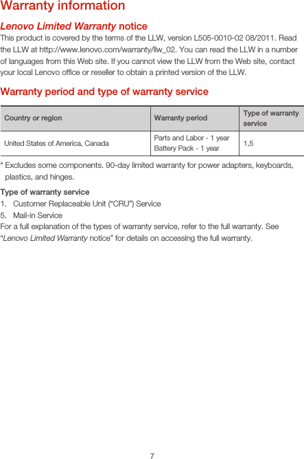 7Warranty informationLenovo Limited Warranty noticeThis product is covered by the terms of the LLW, version L505-0010-02 08/2011. Read the LLW at http://www.lenovo.com/warranty/llw_02. You can read the LLW in a number of languages from this Web site. If you cannot view the LLW from the Web site, contact your local Lenovo ofﬁce or reseller to obtain a printed version of the LLW.Warranty period and type of warranty serviceCountry or region Warranty period Type of warranty serviceUnited States of America, Canada Parts and Labor - 1 yearBattery Pack - 1 year 1,5*  Excludes some components. 90-day limited warranty for power adapters, keyboards, plastics, and hinges.Type of warranty service1.  Customer Replaceable Unit (“CRU”) Service5.  Mail-in ServiceFor a full explanation of the types of warranty service, refer to the full warranty. See “Lenovo Limited Warranty notice” for details on accessing the full warranty.