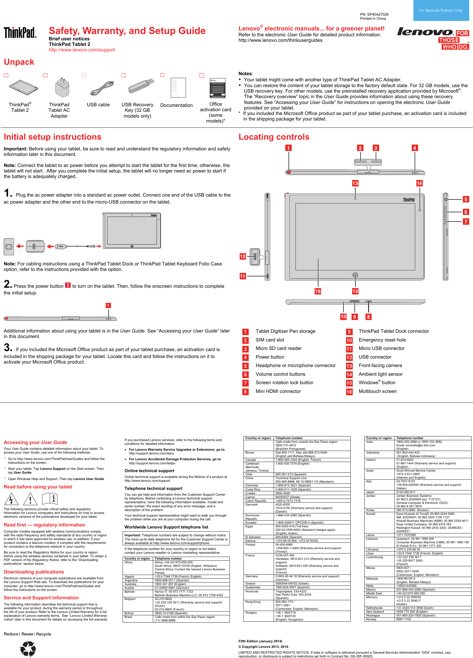 Page 1 of 2 - Lenovo Tablet2 Swsg En Sp40A27026 ThinkPad Tablet 2 User Manual (English) Safety, Warranty, And Setup Guide Think Pad - Type 3679