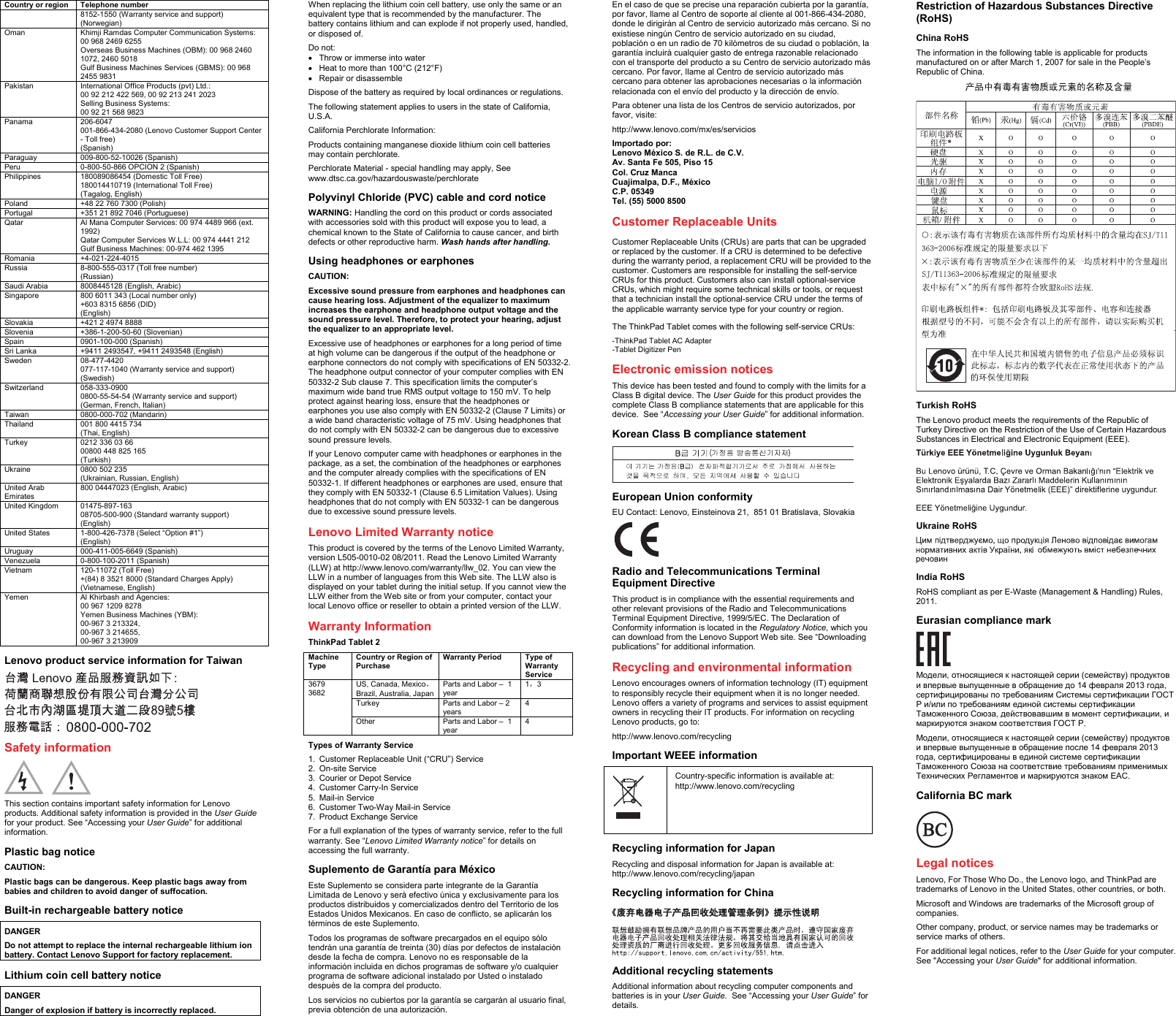 Page 2 of 2 - Lenovo Tablet2 Swsg En Sp40A27026 ThinkPad Tablet 2 User Manual (English) Safety, Warranty, And Setup Guide Think Pad - Type 3679