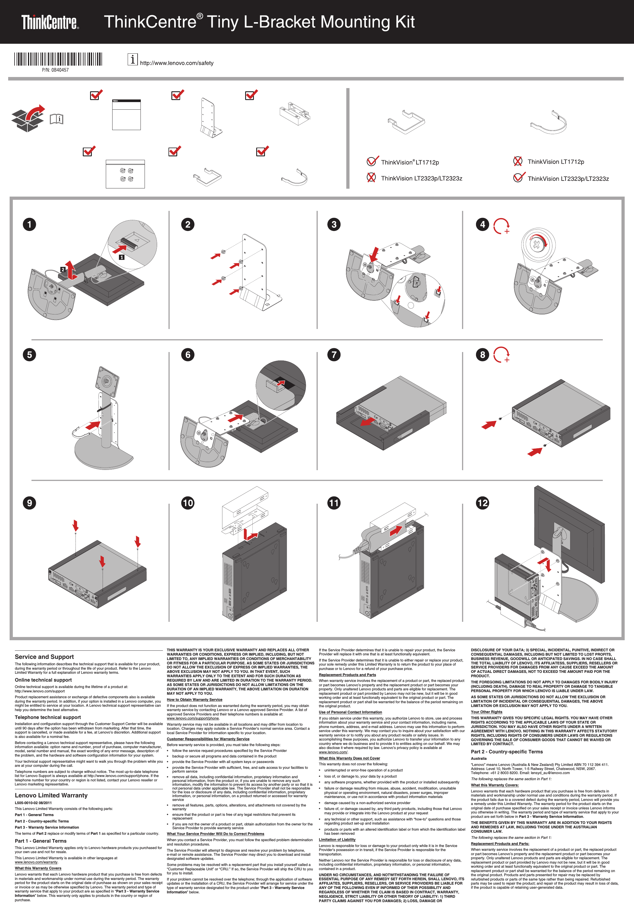 Page 1 of 2 - Lenovo Thinkcentre Tiny L Bracket Mounting Kit 0B40457 User Manual LT2323p Wide LCD Monitor