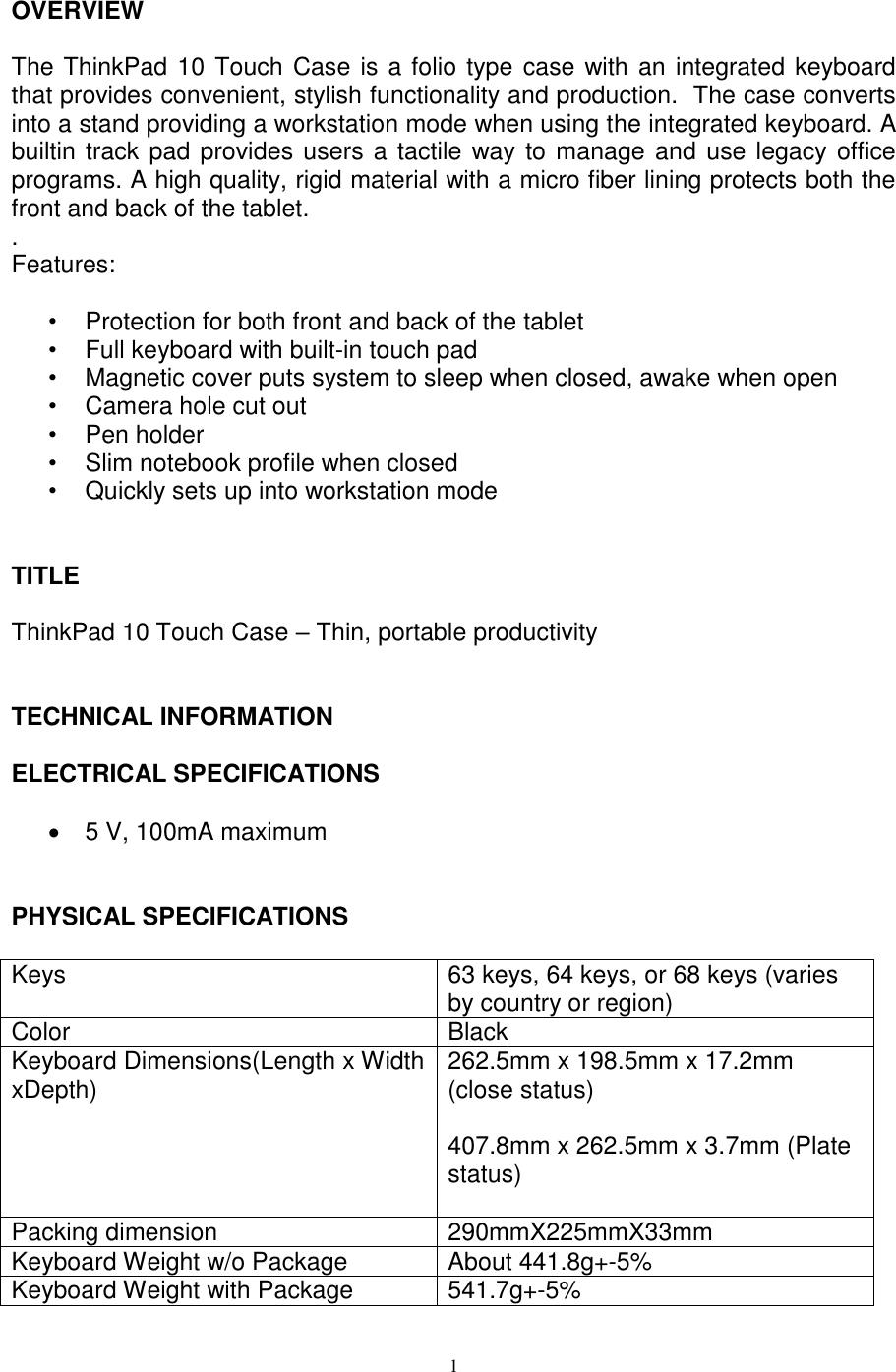 Page 1 of 3 - Lenovo Thinkpad10 Touch Case User Manual Think Pad 10 (Type 20C1, 20C3) - Type 20C1