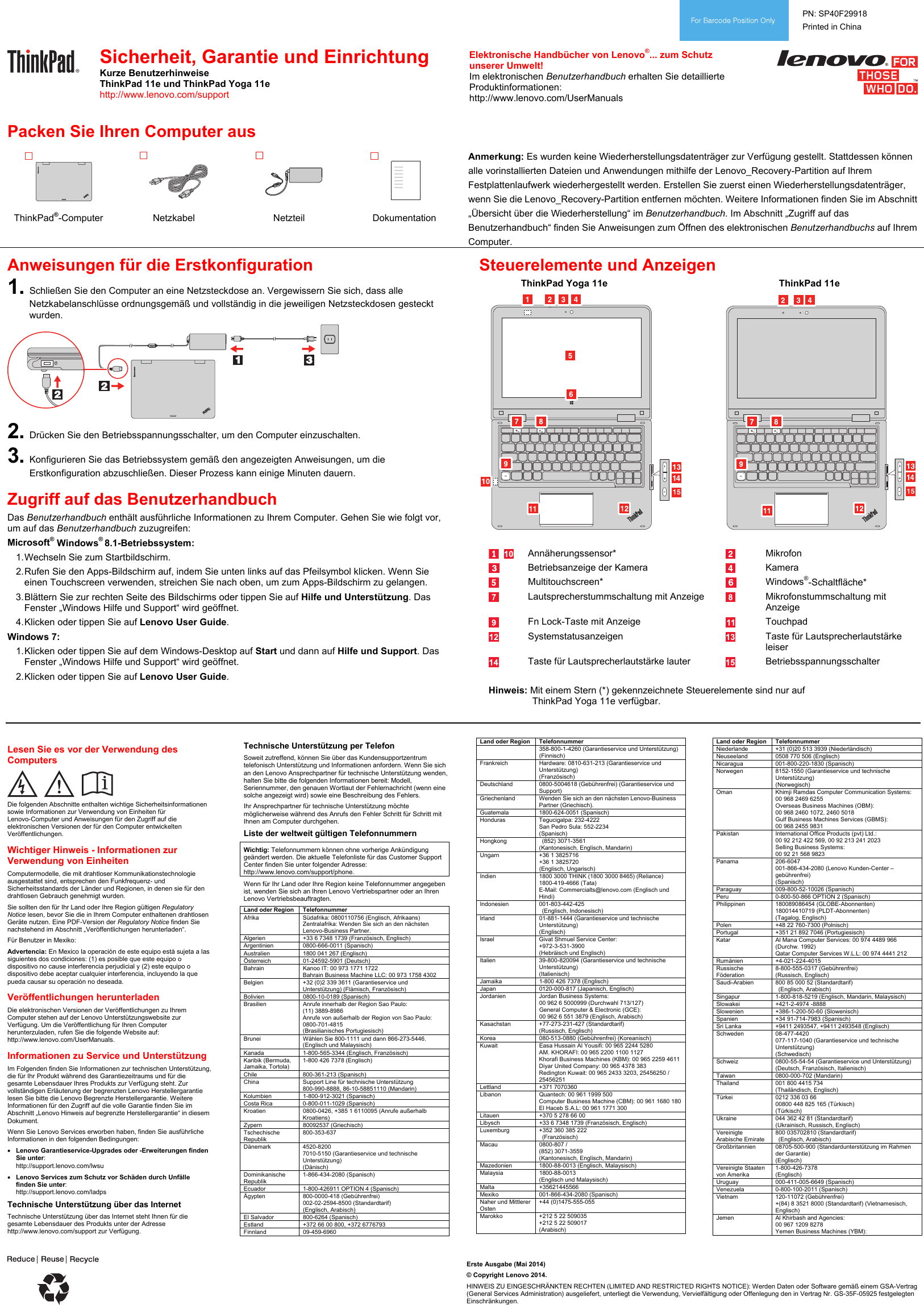 Lenovo Thinkpad 11e Yoga Swsg De Sp40f29918 And Safety Warranty Setup Guide User Manual Germany Think Pad Type 20d9 20da 20da Laptop Think Pad