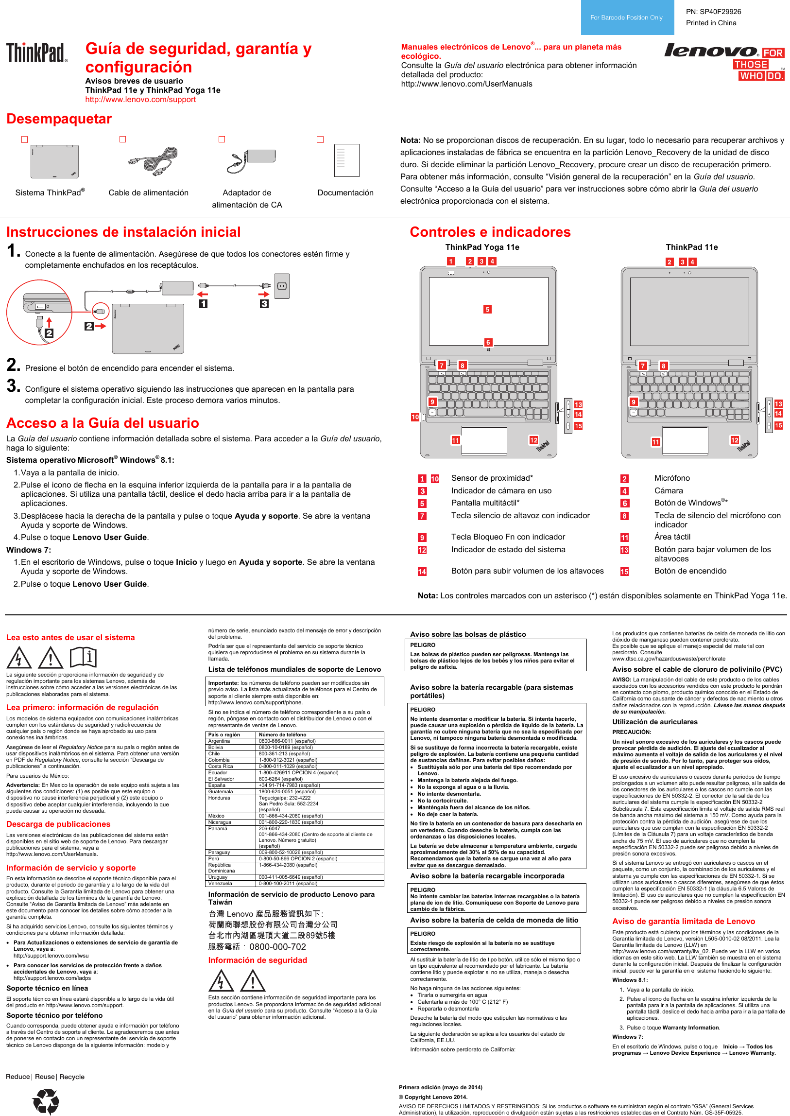 Page 1 of 2 - Lenovo Thinkpad 11E Yoga Swsg Es Sp40F29926 And Safety, Warranty, Setup Guide User Manual (Spanish) - Think Pad (Type 20D9, 20DA), 20DA) Laptop (Think Pad)