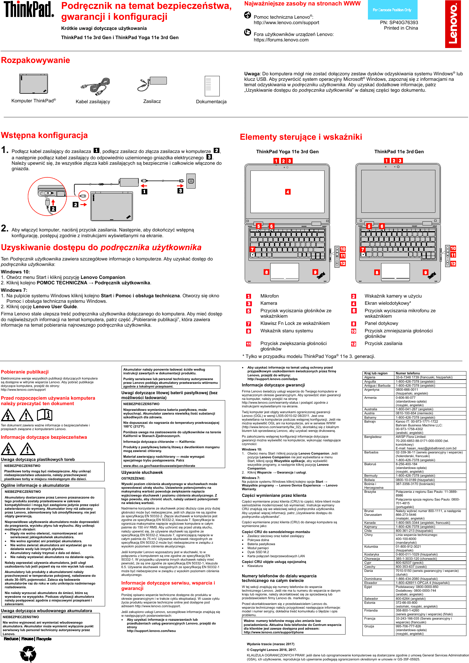 Page 1 of 2 - Lenovo Tp 11E And Yoga 3Rdgen Swsg Pl User Manual (Polish) Safety, Warranty Setup Guide - Think Pad (Type 20G9, 20GB), 20G8, 20GA) 3rd Gen 20GB) Laptop (Think Pad) Type 20GB