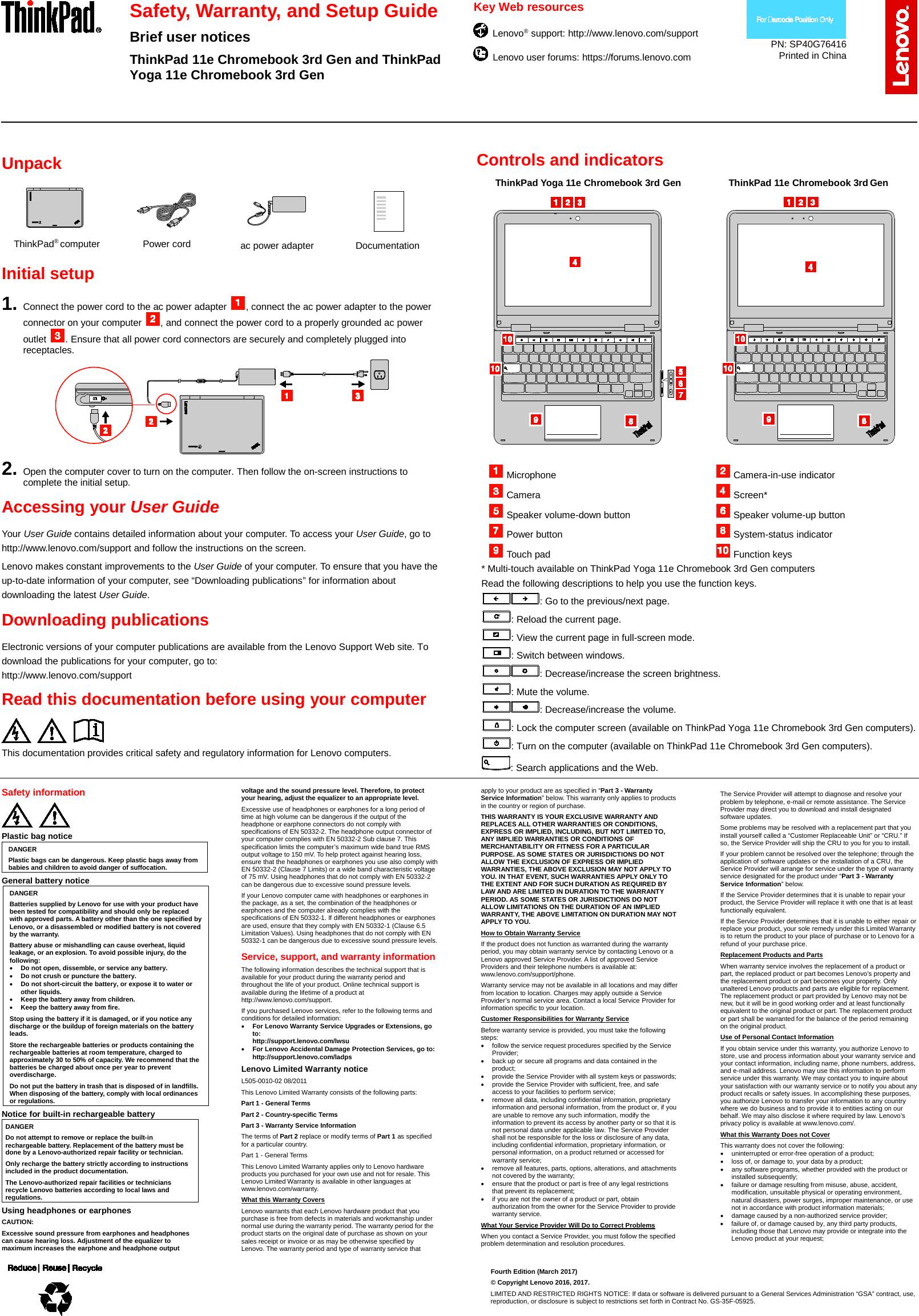 Page 1 of 2 - Lenovo Tp 11E And Yoga Chromebook 3Rdgen Swsg En 2016 Refresh User Manual (English) Safety Warranty Guide - Think Pad Chromebook, 3rd Gen (Type 20DB, 20DU) Laptop (Think Pad) Type 20DB