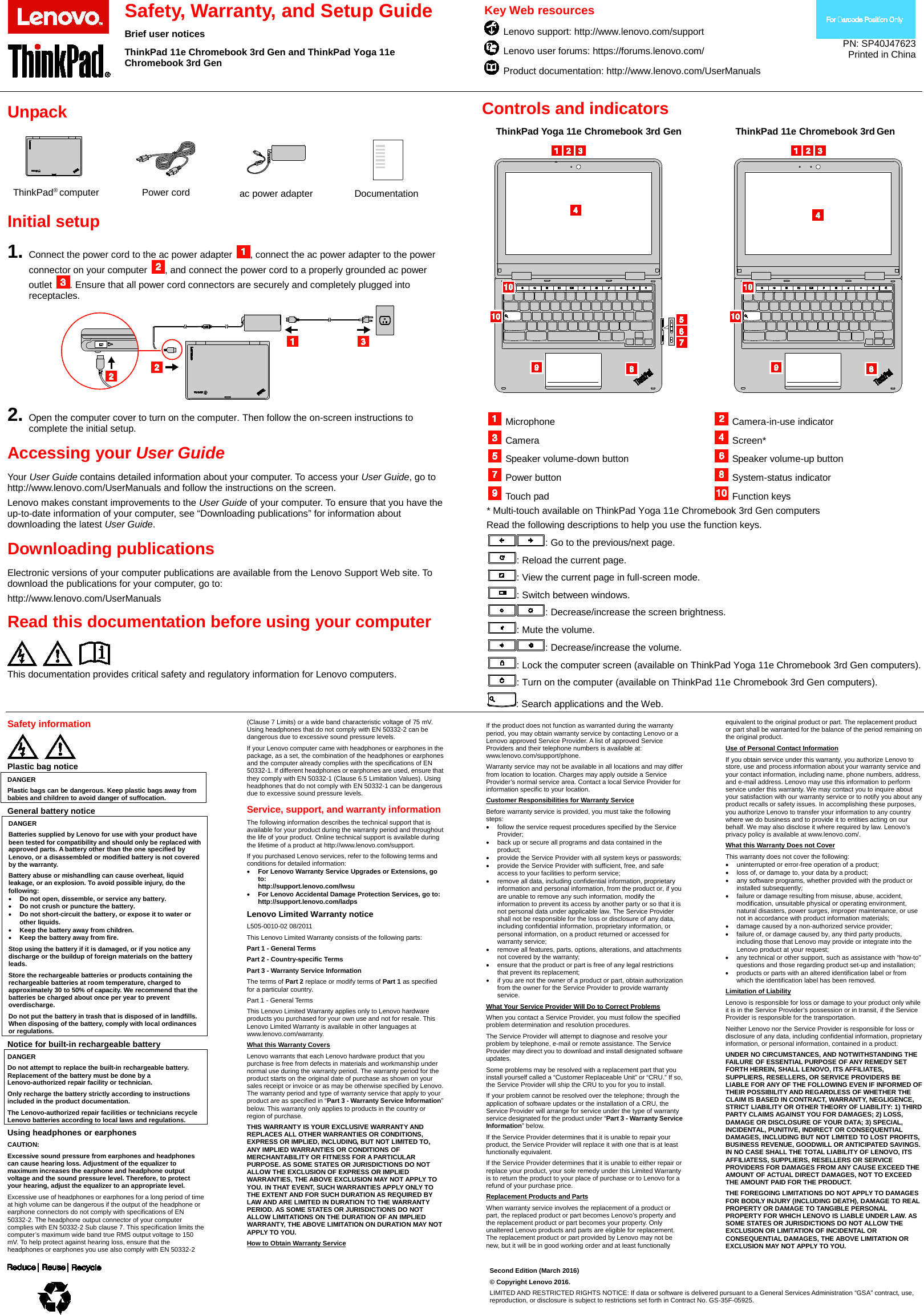 Page 1 of 2 - Lenovo Tp11E Chrome 20Gd-20Gf Yoga11E 20Gc-20Ge Swsg En Sp40J47623 User Manual (English) Safety, Warranty, And Setup Guide -Think Pad 11e Chromebook (Type 20GD, 20GF), Think Yoga 20GC, 20GE) Laptop (Think Pad)