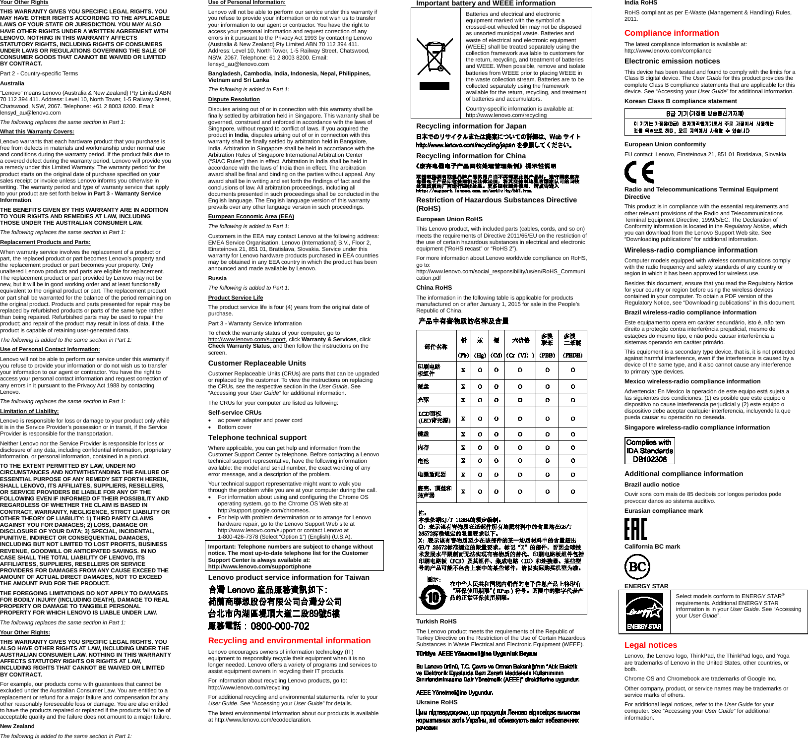 Page 2 of 2 - Lenovo Tp11E Chrome 20Gd-20Gf Yoga11E 20Gc-20Ge Swsg En Sp40J47623 User Manual (English) Safety, Warranty, And Setup Guide -Think Pad 11e Chromebook (Type 20GD, 20GF), Think Yoga 20GC, 20GE) Laptop (Think Pad)