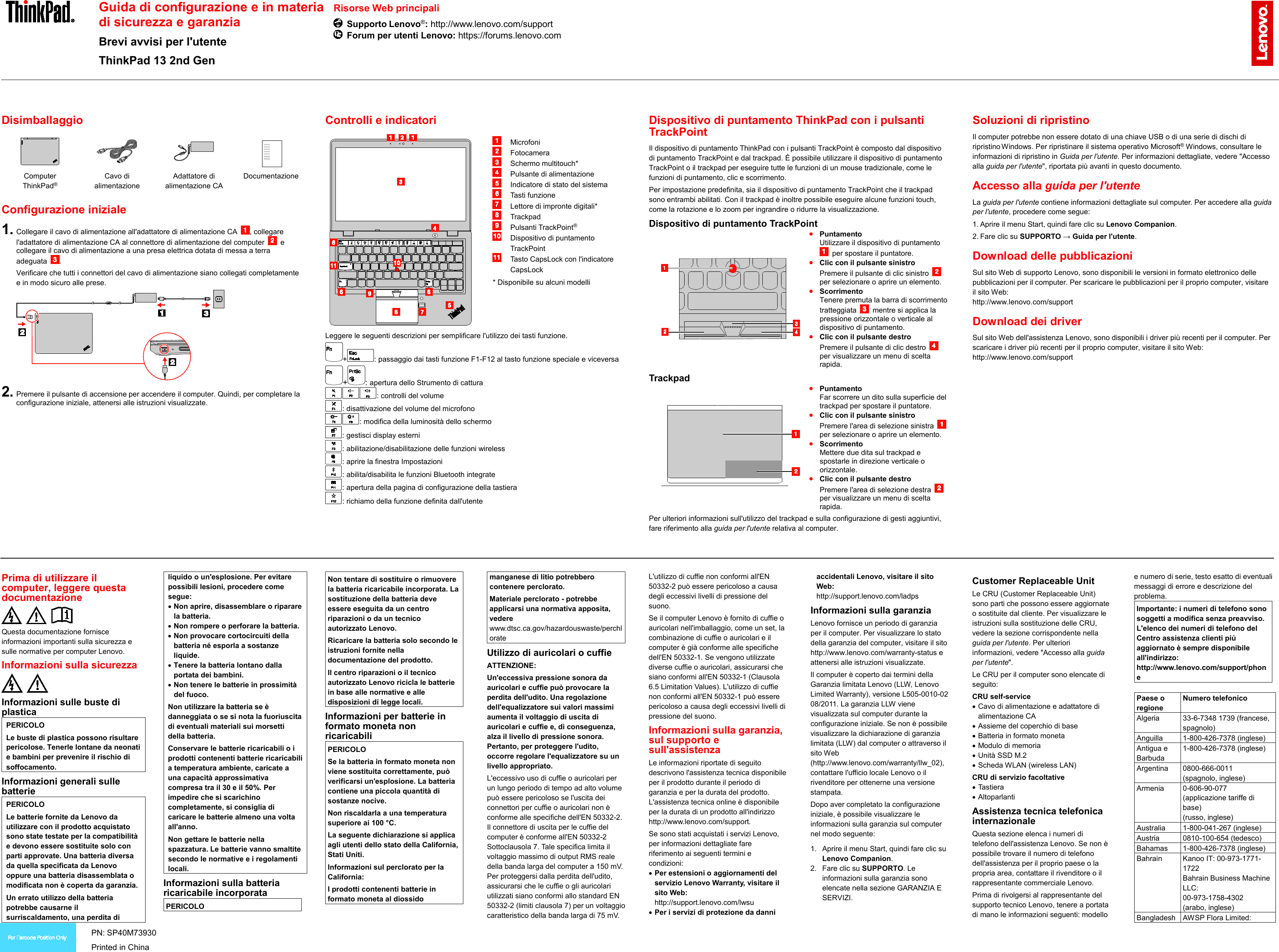 Page 1 of 2 - Lenovo Tp13 2Nd Gen 20J1-20J2 Swsg It User Manual (Italian) Safety, Warranty And Setup Guide - Think Pad 13 Series (20J1, 20J2) Laptop 2 (Type 20J1, (Think Pad)