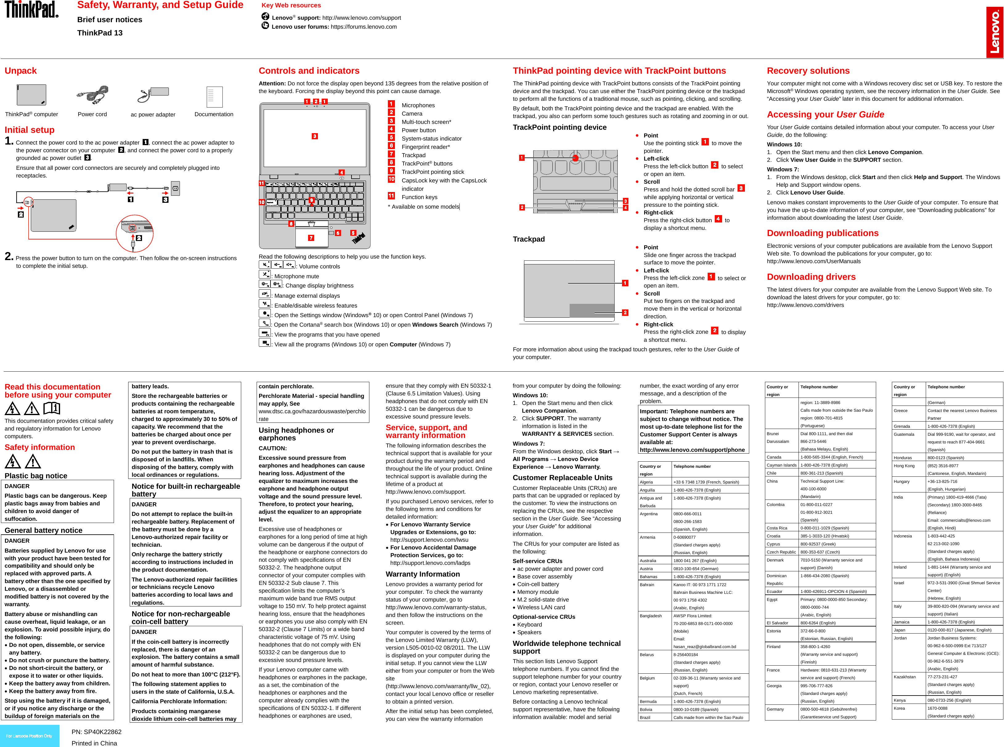 Page 1 of 2 - Lenovo Tp 13 Swsg En Bell Windows_V1 User Manual (English) Safety, Warranty, And Setup Guide -Think Pad (20GJ/ 20GK/ 20GU) (Type 20GJ, 20GK) Laptop (Think Pad) - Type 20GJ