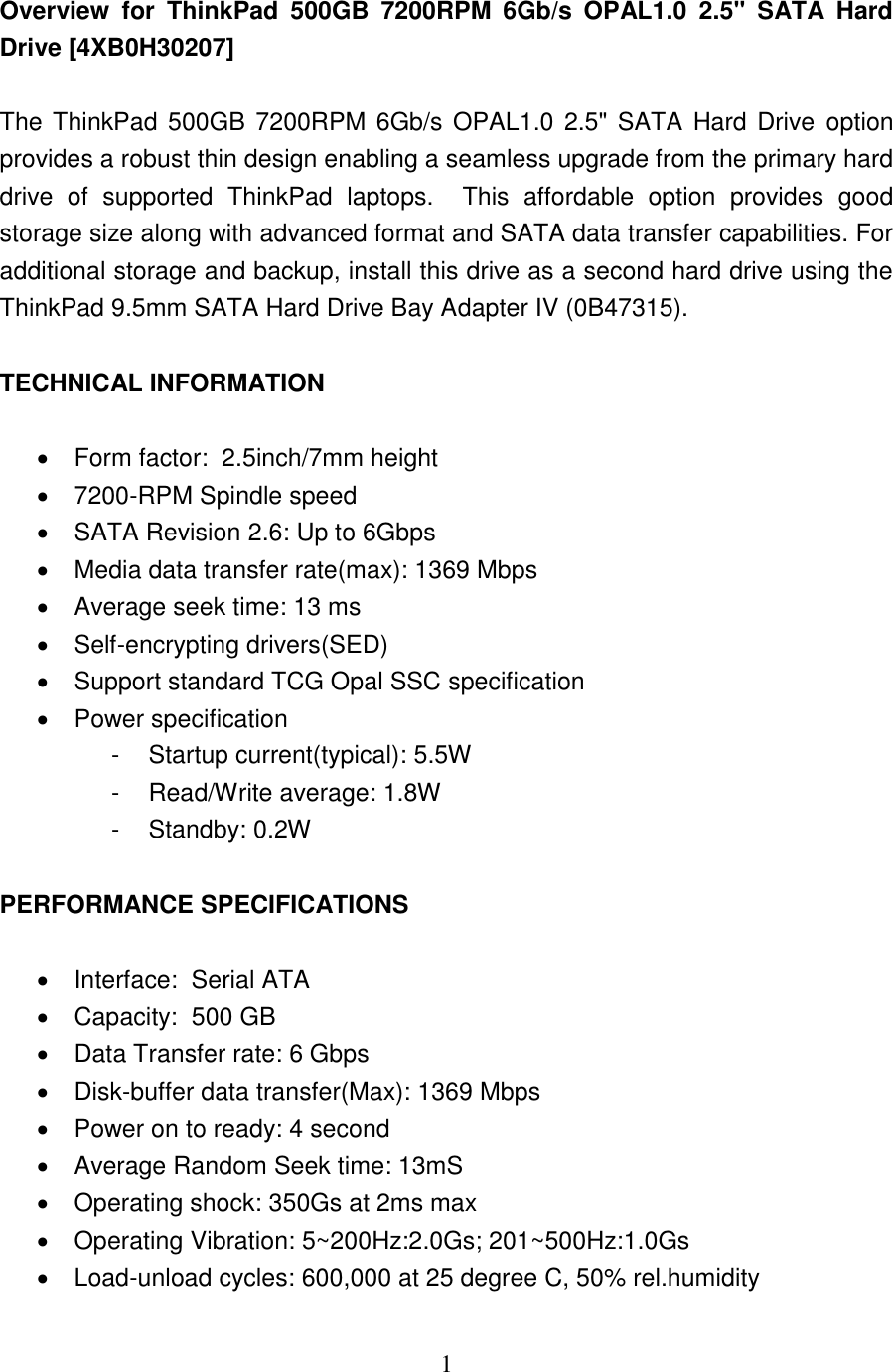 Lenovo Tp226Gb 226Rpm 26Gbs Opal Sata Hd 26Xb26H3262267 User Manual