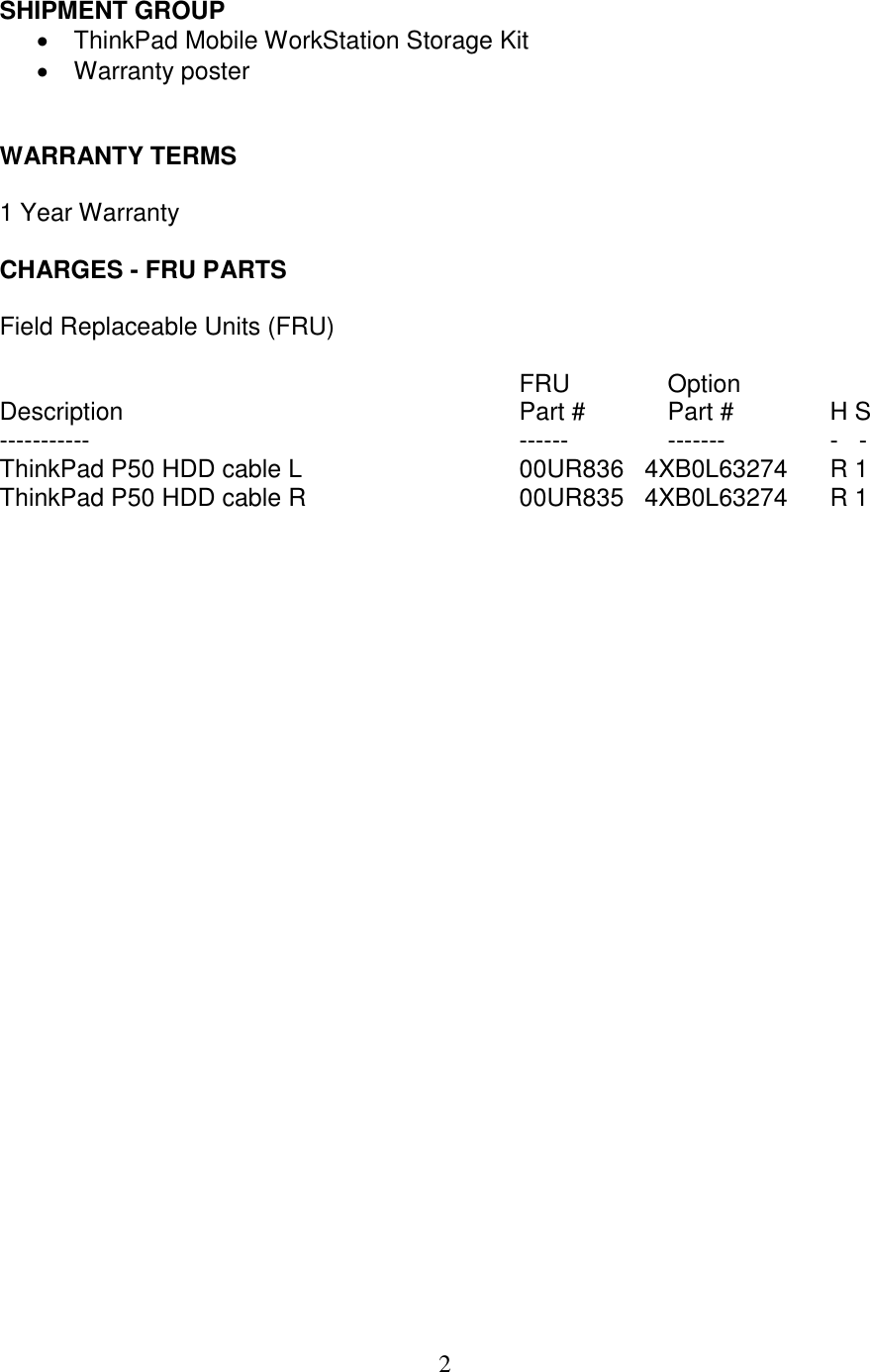 Page 2 of 2 - Lenovo Tp Mobile Ws Storage Kit 4Xb0L63274 User Manual P50 Laptop (Think Pad) - Type 20EN