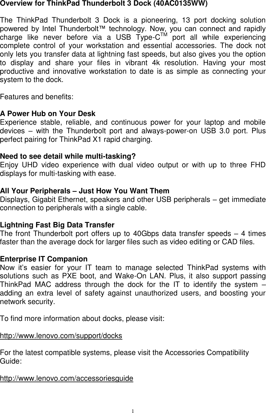 Page 1 of 4 - Lenovo Tp Thunderbolt3Dock 40Ac0135 OVERVIEW User Manual X1 Carbon 5th Gen - Kabylake (Type 20HR, 20HQ) Laptop (Think Pad)