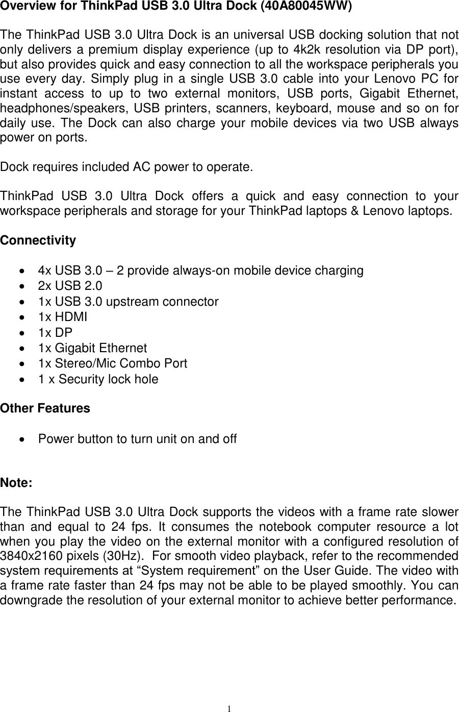Page 1 of 5 - Lenovo Tp Usb3 Ultradock 40A80045 OVERVIEW User Manual L570 (type 20J8, 20J9) Laptops (Think Pad) - Type 20J8