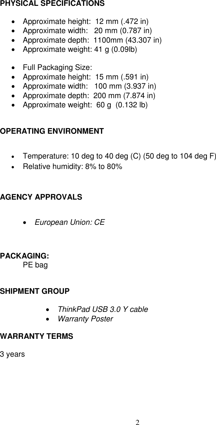 Page 2 of 3 - Lenovo Tp Usb3 Ycable 4X90G54343 User Manual Think Pad 8 - Type 20BQ