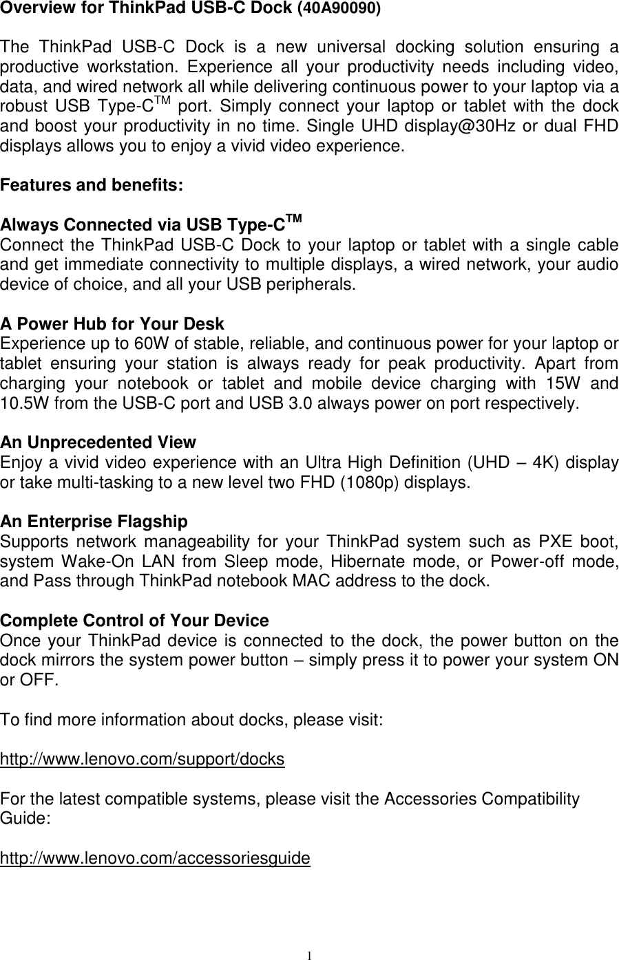Page 1 of 5 - Lenovo Tp Usbc Dock 40A90090 OVERVIEW User Manual X1 Carbon 5th Gen - Kabylake (Type 20HR, 20HQ) Laptop (Think Pad)
