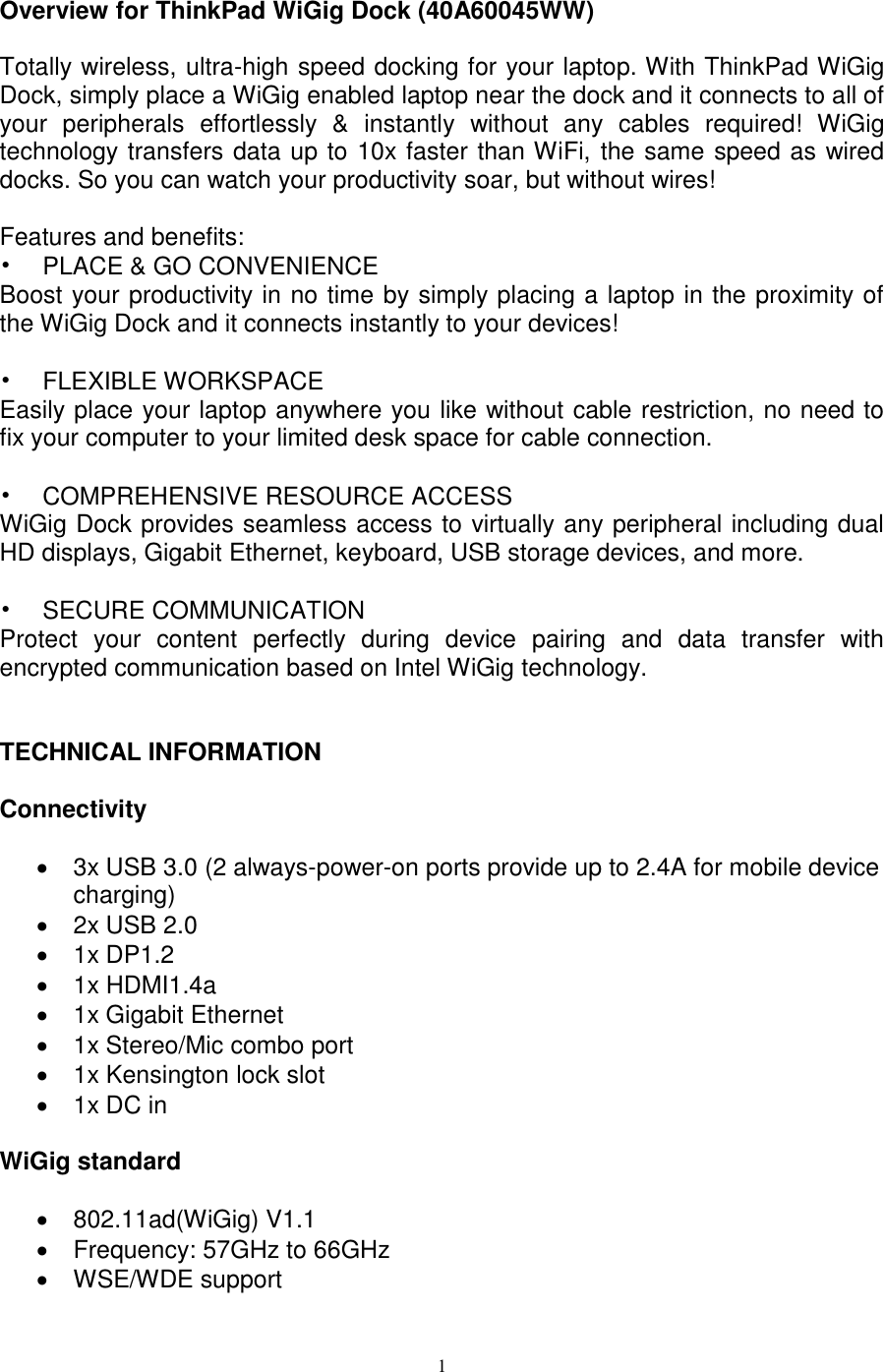 Page 1 of 4 - Lenovo Tp Wigig Dock 40A60045 OVERVIEW User Manual Think Pad X1 Tablet 1st Gen (Type 20GG, 20GH) - Type 20GH