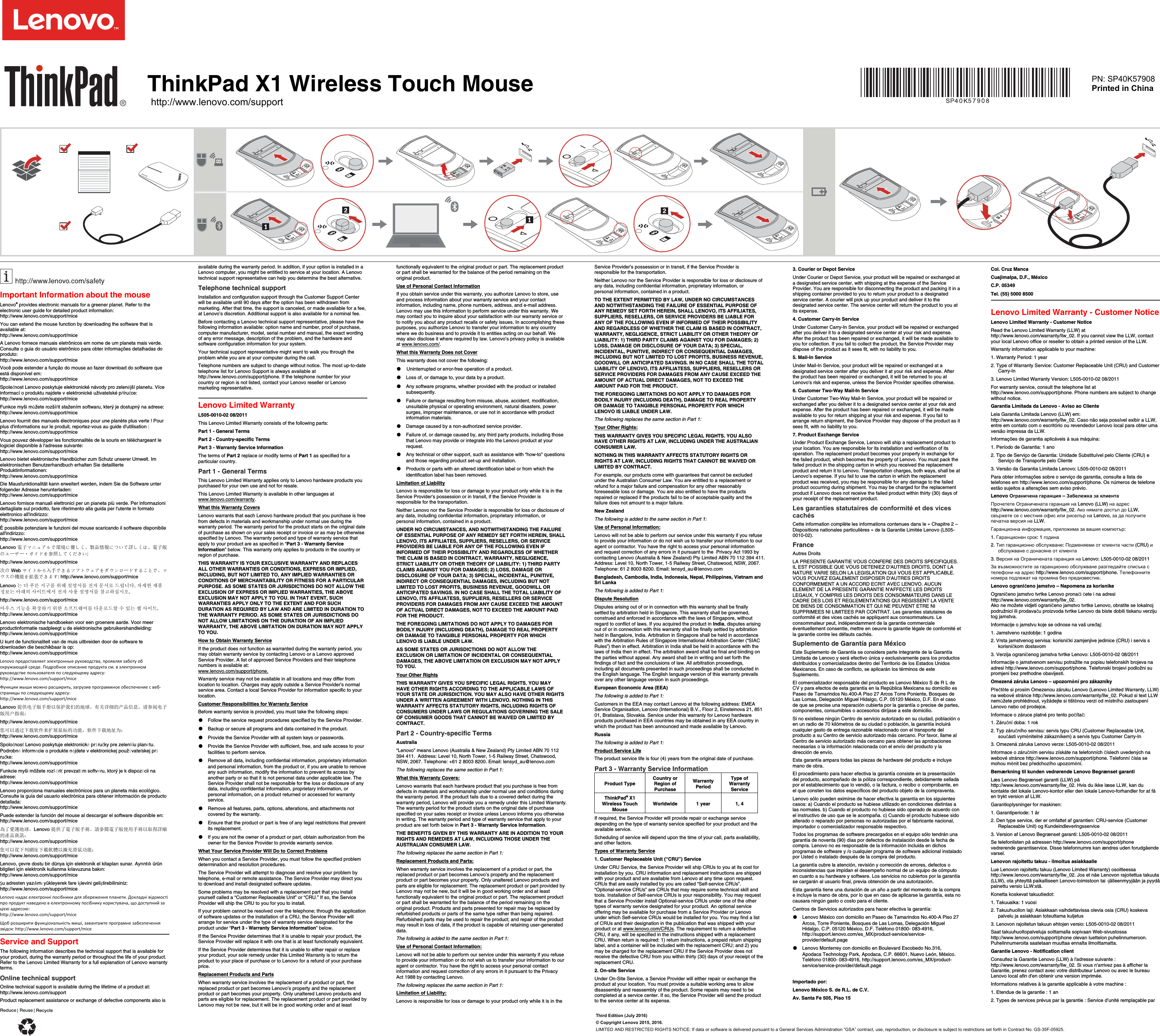 Page 1 of 2 - Lenovo Tpx1 Wirelesstmouse Sp40K57908 ThinkPad X1 Wireless Touch Mouse User Manual L570 (type 20J8, 20J9) Laptops (Think Pad) - Type 20J8